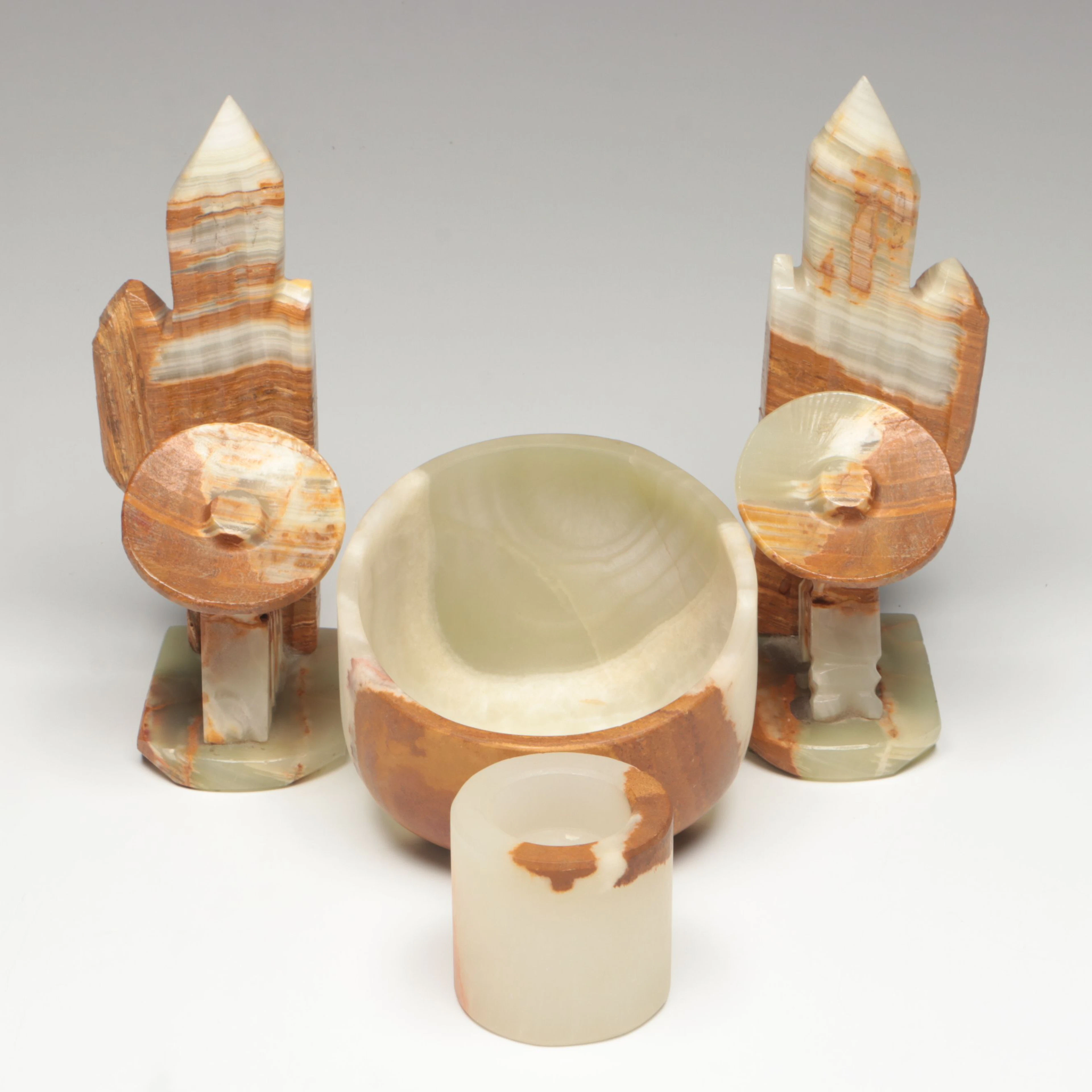 Banded Calcite Bowl and Candlestick with Mexican Figural Bookends