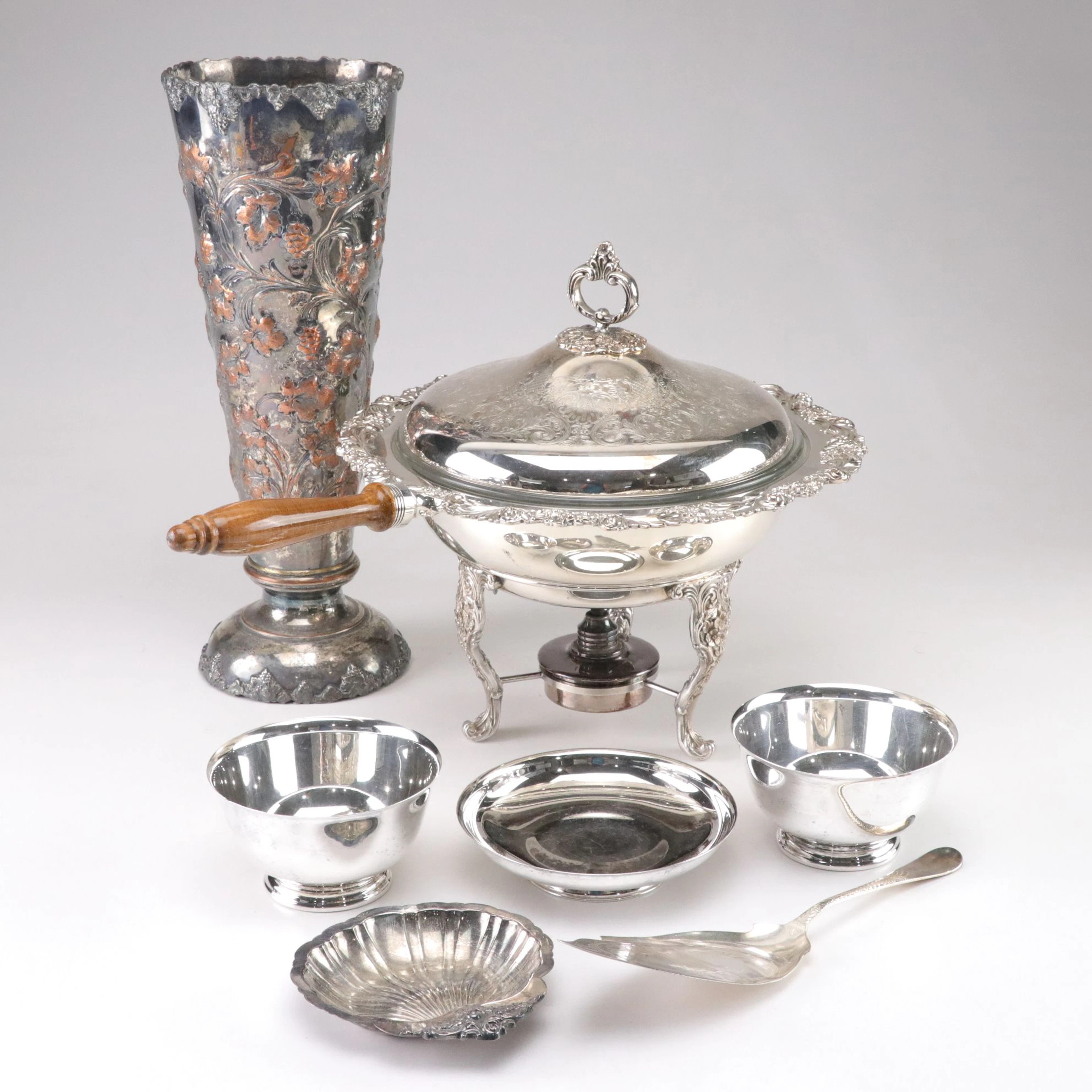 Baroque Wallace & Other Silver Plate Chafing Dish, Trumpet Vase, Bowls
