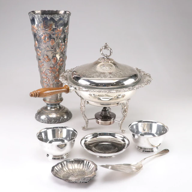 Baroque Wallace & Other Silver Plate Chafing Dish, Trumpet Vase, Bowls