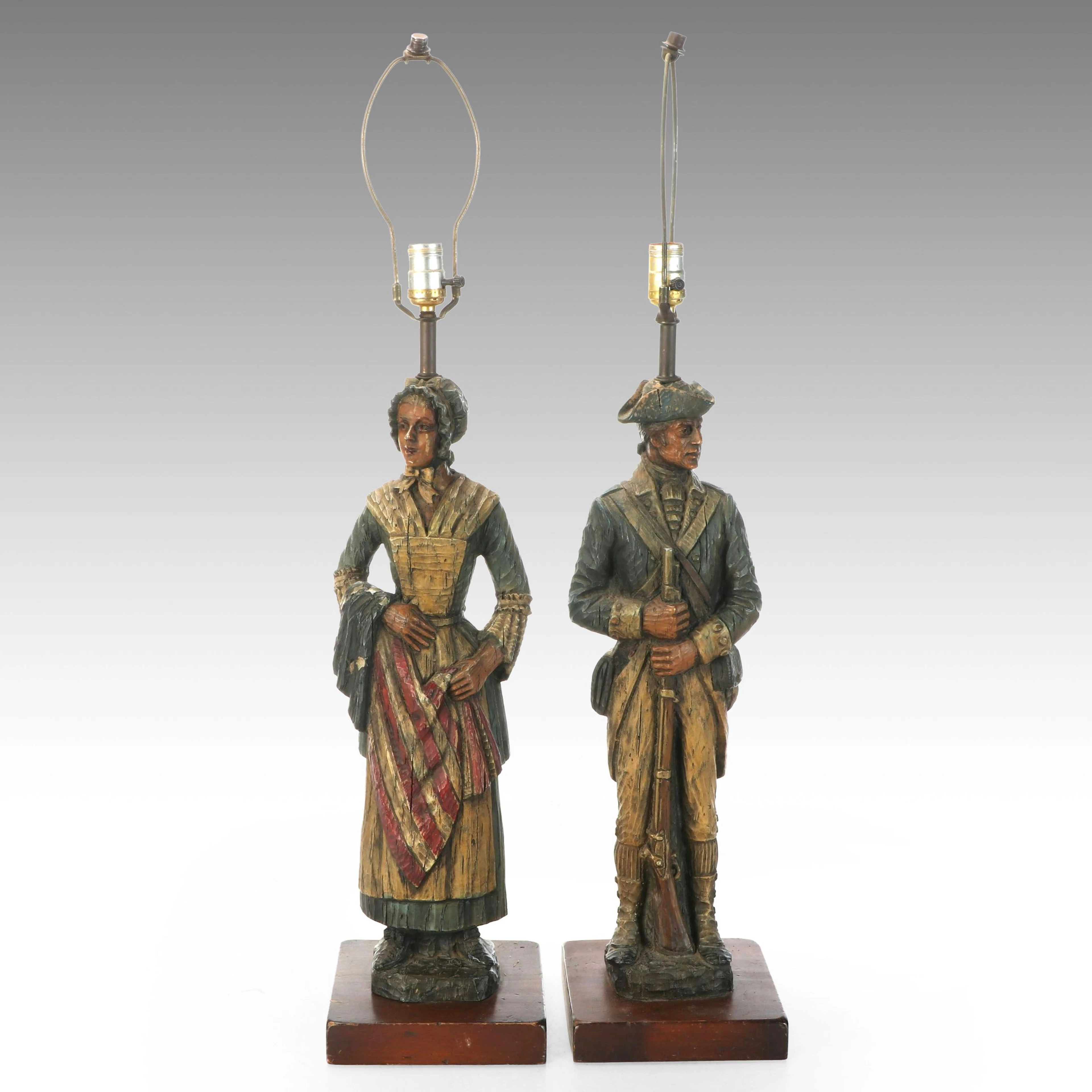 Dunning Ind. Betsy Ross and Colonial Minuteman Soldier Figural Lamps, 1971
