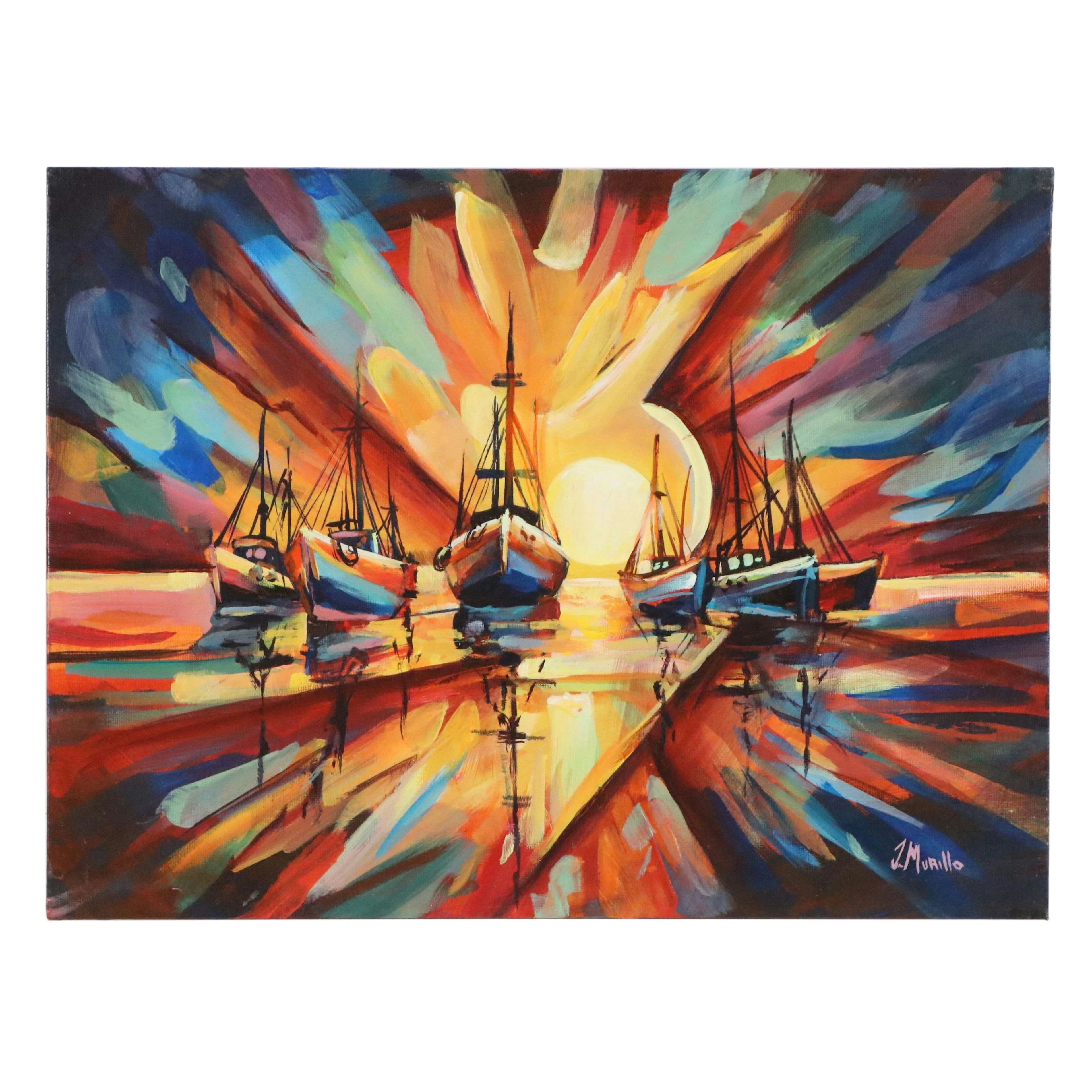 Jeshua Murillo Expressionist Acrylic Painting of Fishing Boats at
