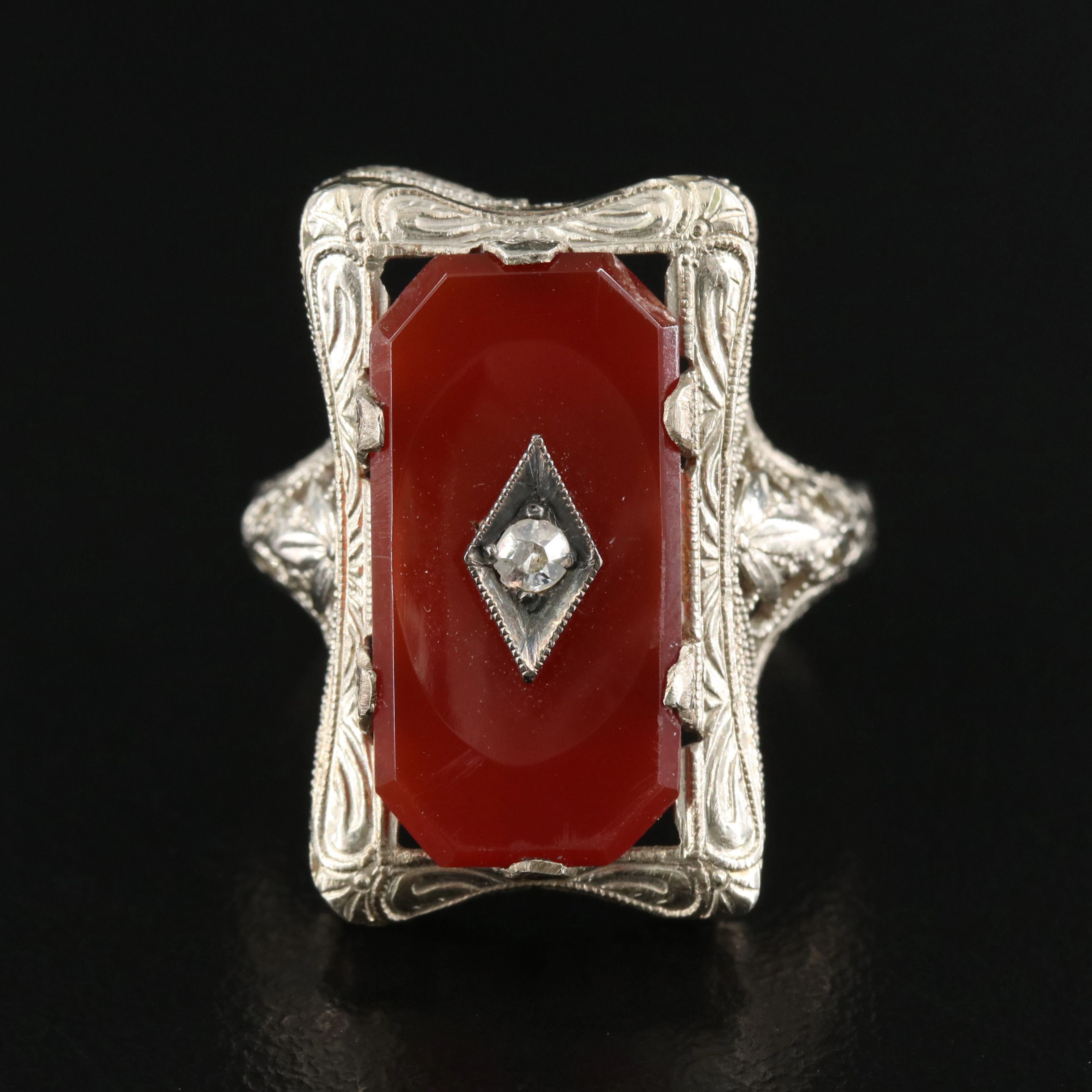 Art Deco 14K Carnelian and Diamond Openwork Rectangular Ring with