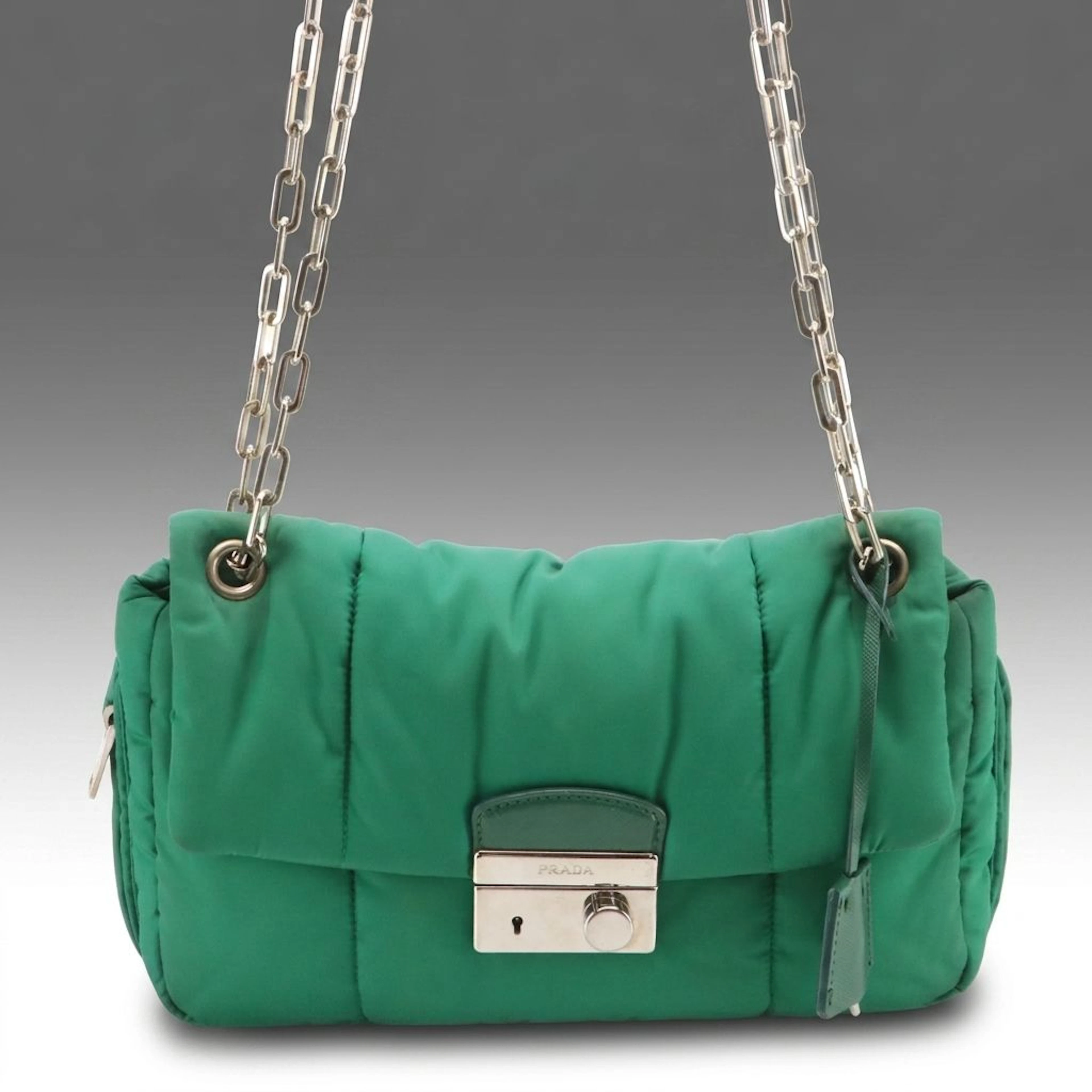 Prada Tessuto Bomber Shoulder Bag in Green Quilted Nylon and Saffiano Leather