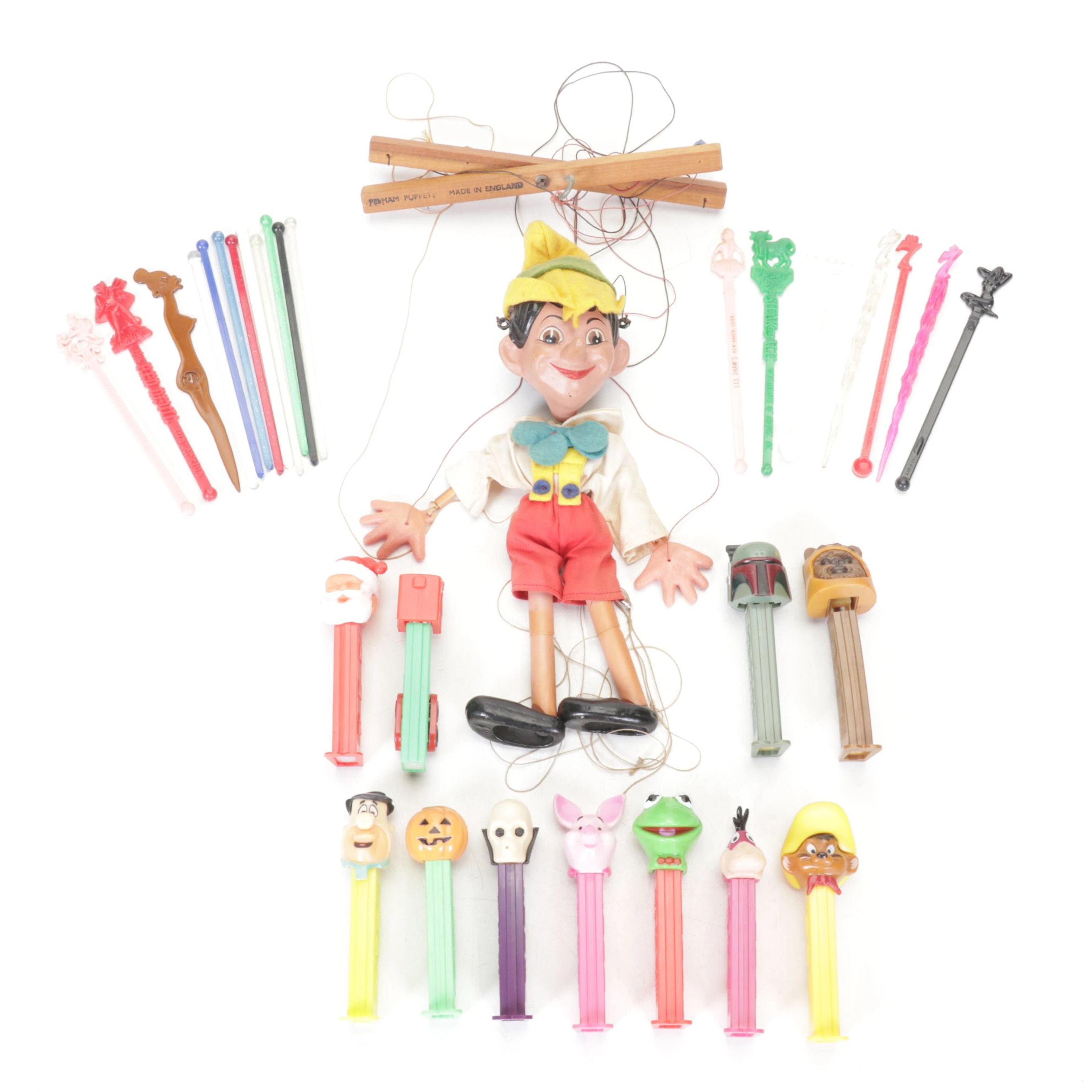 Pelham Puppets Marionette Pinocchio, PEZ Candy Dispensers & Cocktail Stirrers