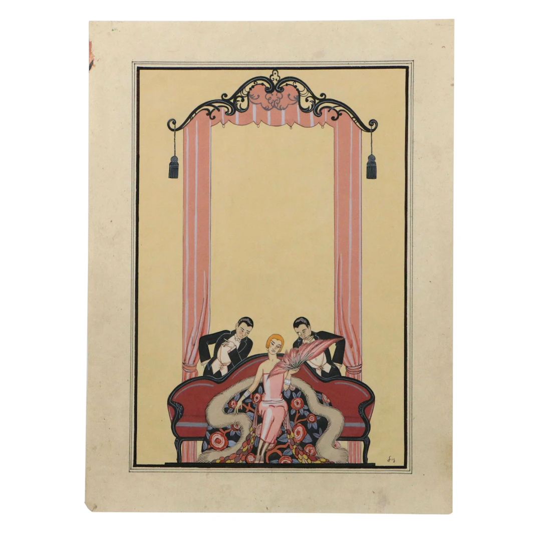 After Georges Barbier Art Deco Gouache Illustration of Lady with Suitors, 1920s