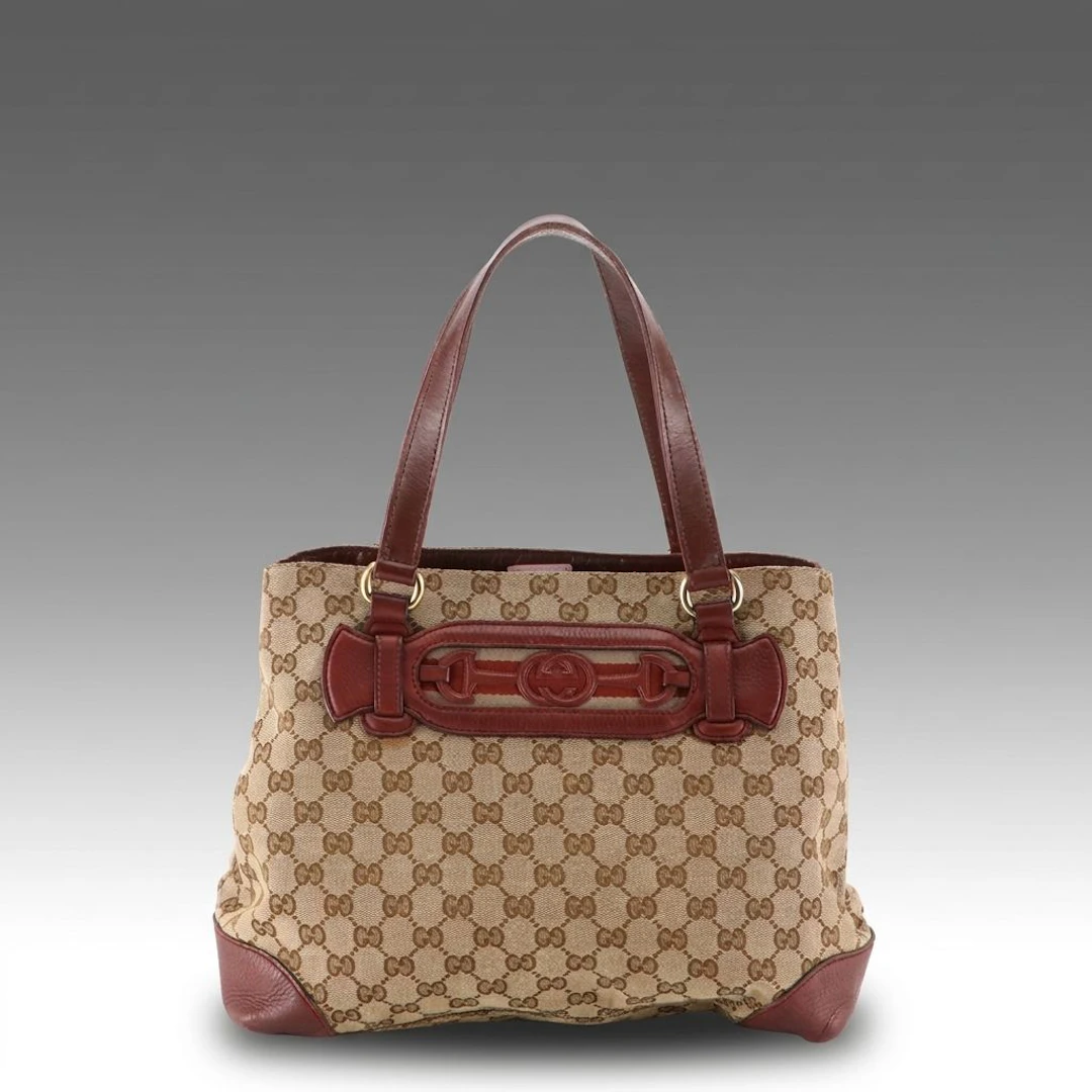 Gucci GG Jacquard Canvas and Calfskin Grain Leather Dressage Tote Bag