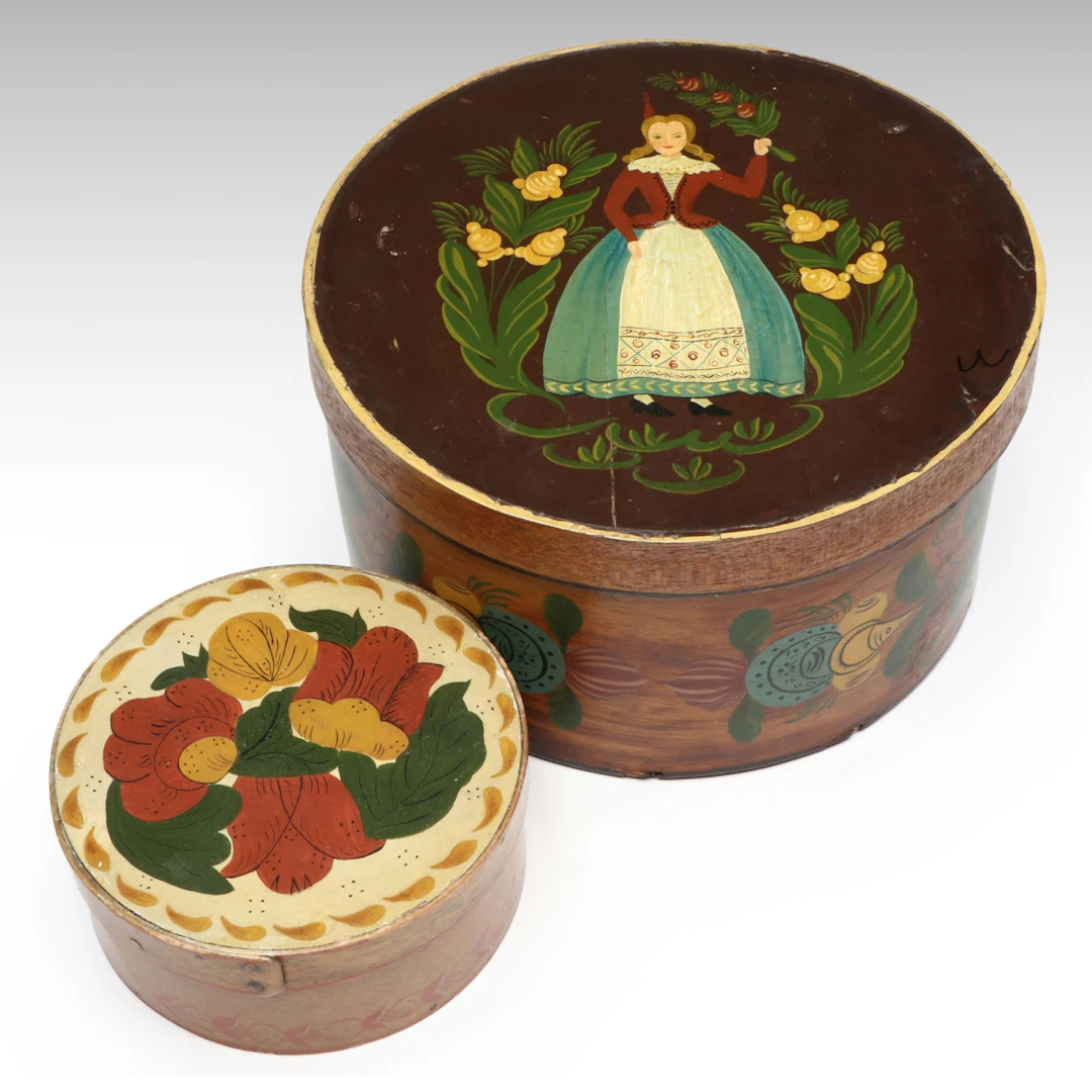 Folk Art Hand-Painted Fabric Lined Wooden Round Boxes