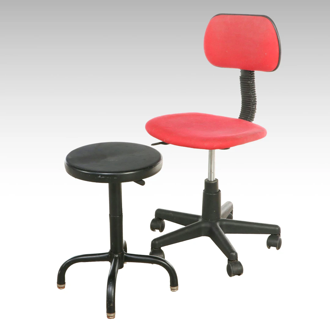 Red Vinyl Swivel Task Chair and Black Metal Backless Stool, Late 20th Century