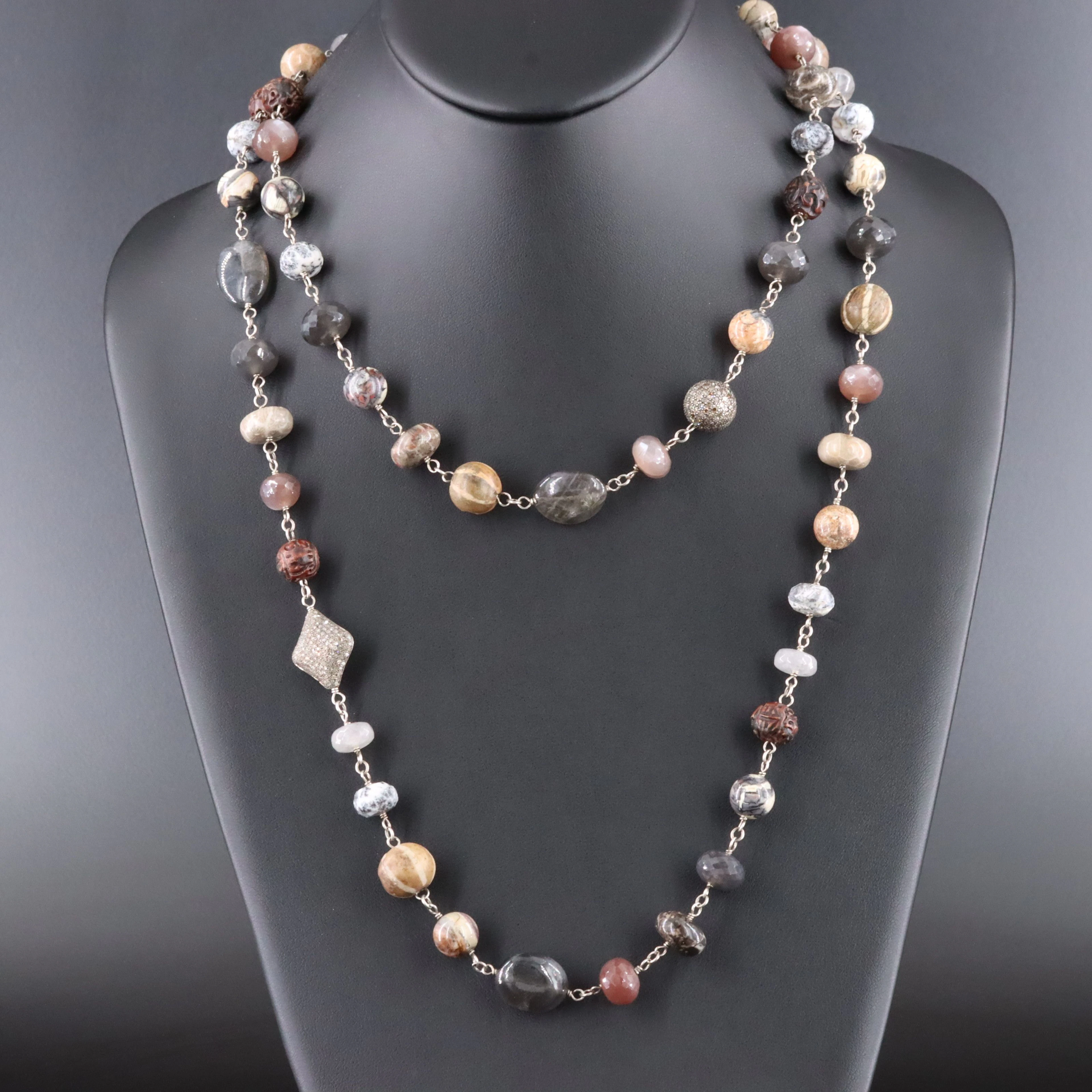 Sterling Necklace Attributed to Sheryl Lowe with Labradorite, Agate and Diamond