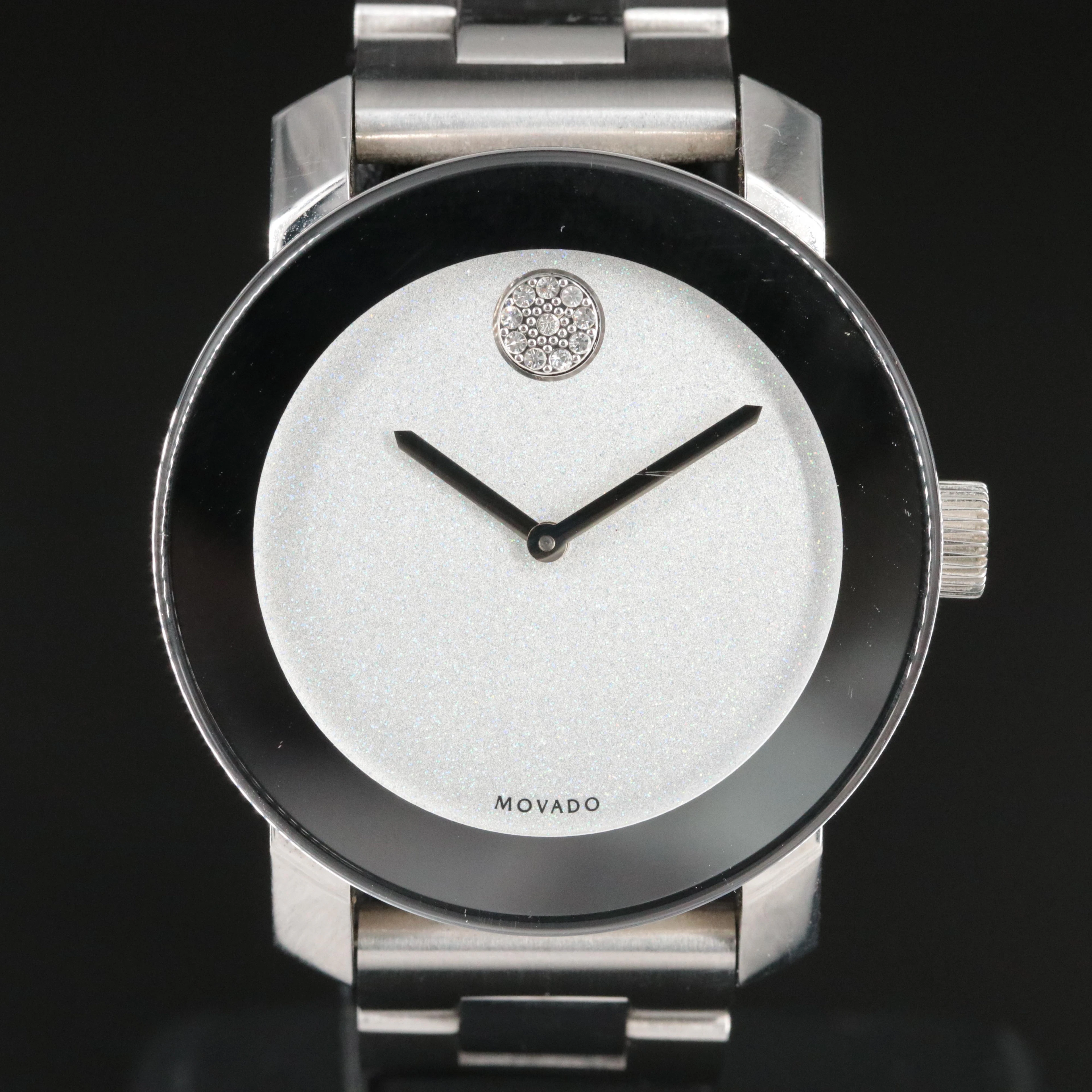 Movado Bold Crystal Accent Mirror Bezel Stainless Steel Watch