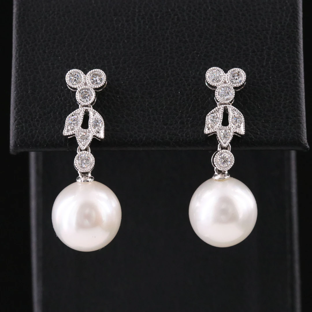 18K Pearl and Diamond Drop Earrings