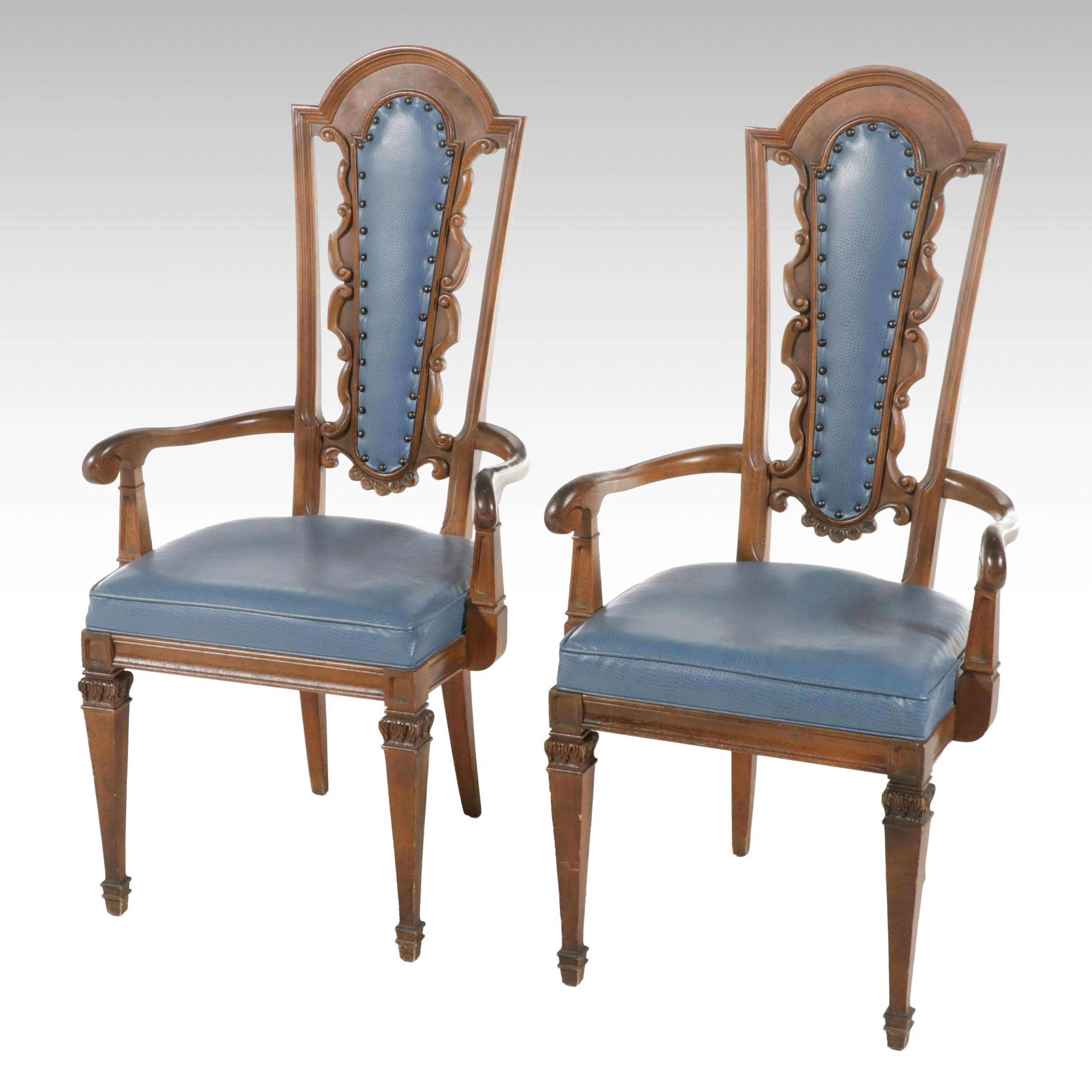 Pair of Mid-Century Baroque Style Carved Wooden Armchairs with Blue Upholstery