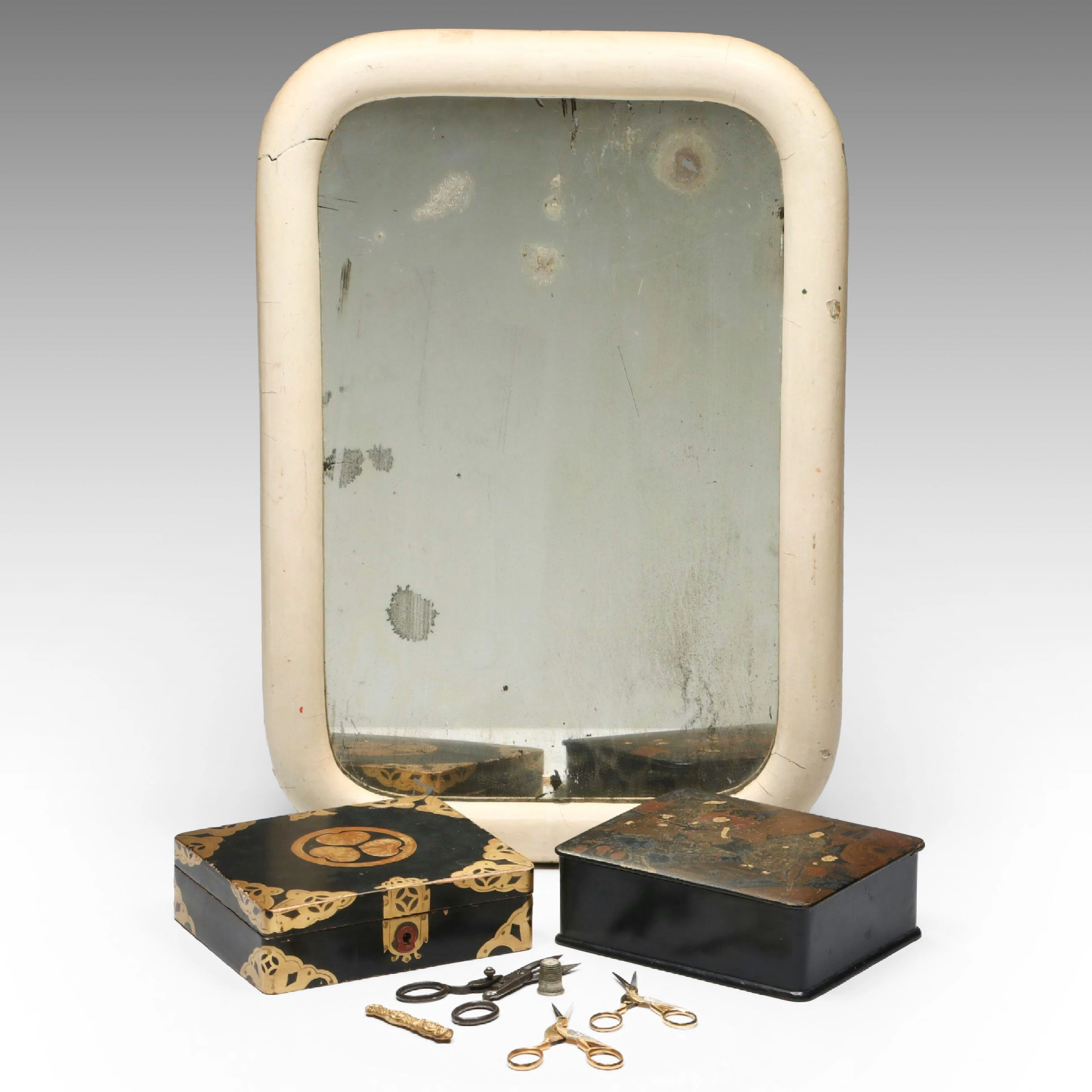 Wood Framed Wall Mirror, Lacquerware Decorative Boxes, and Vanity Items