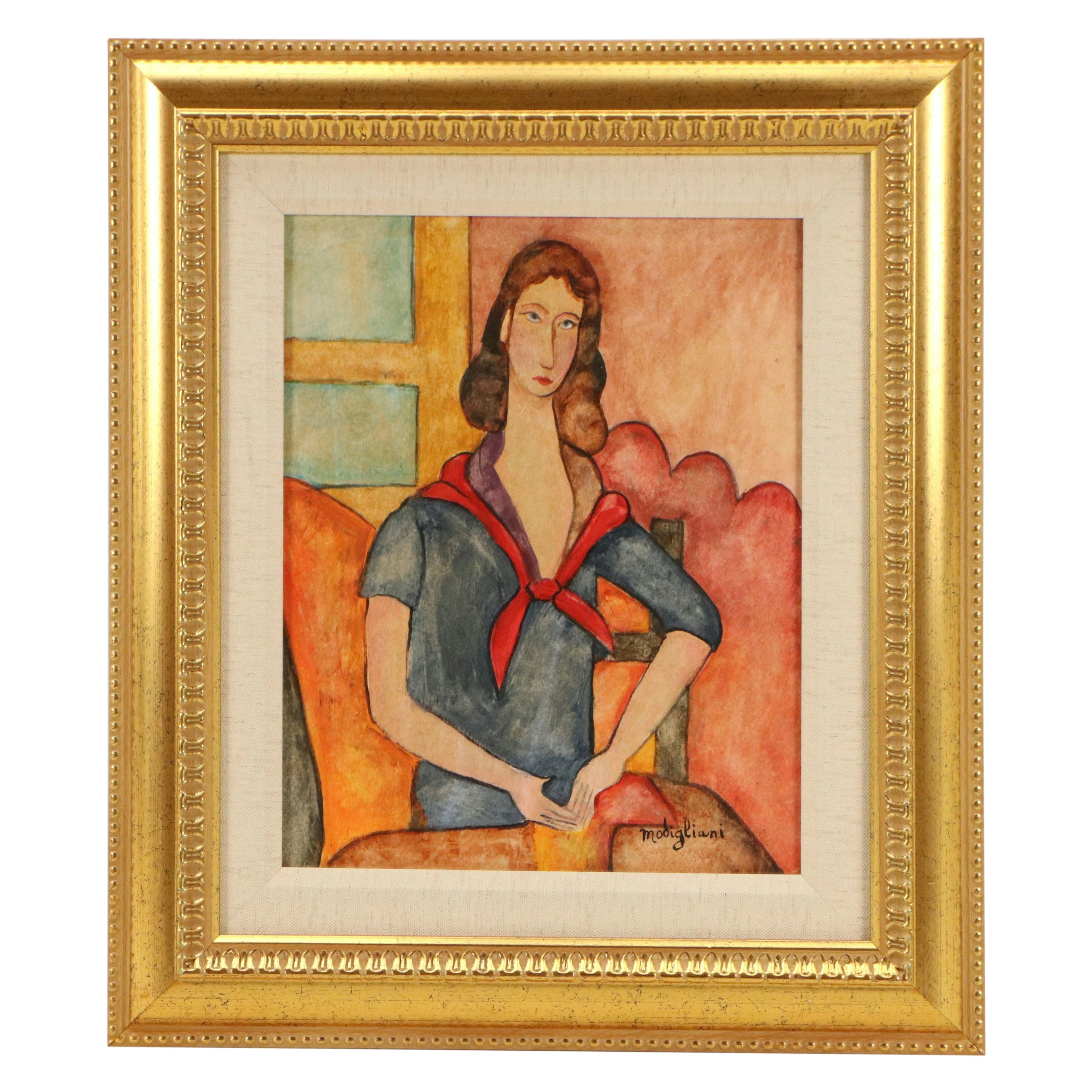 After Modigliani Copy Watercolor Painting "Jeanne Hébuterne (with a scarf)"