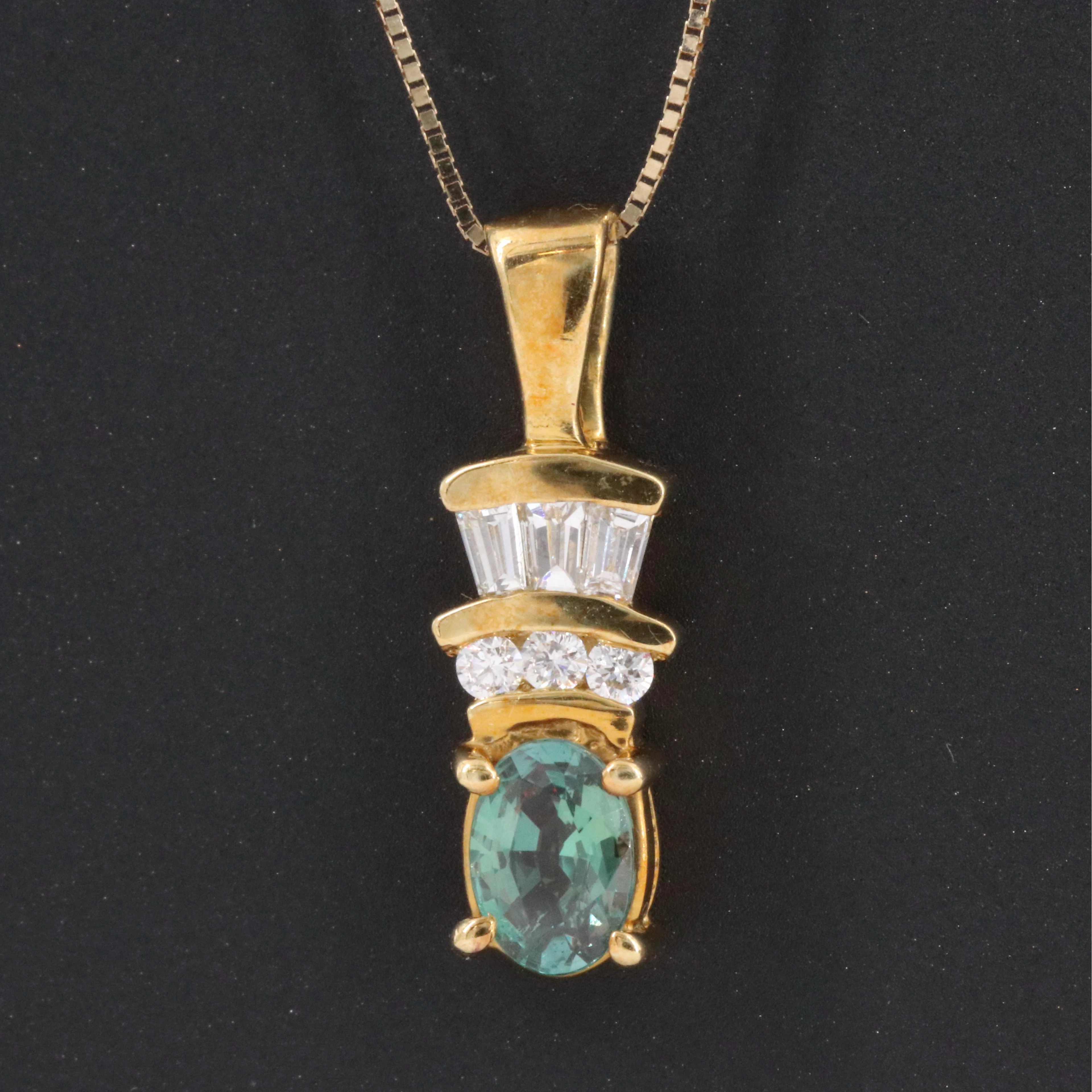 18K Alexandrite and Diamond Pendant on 14K Box Chain Necklace