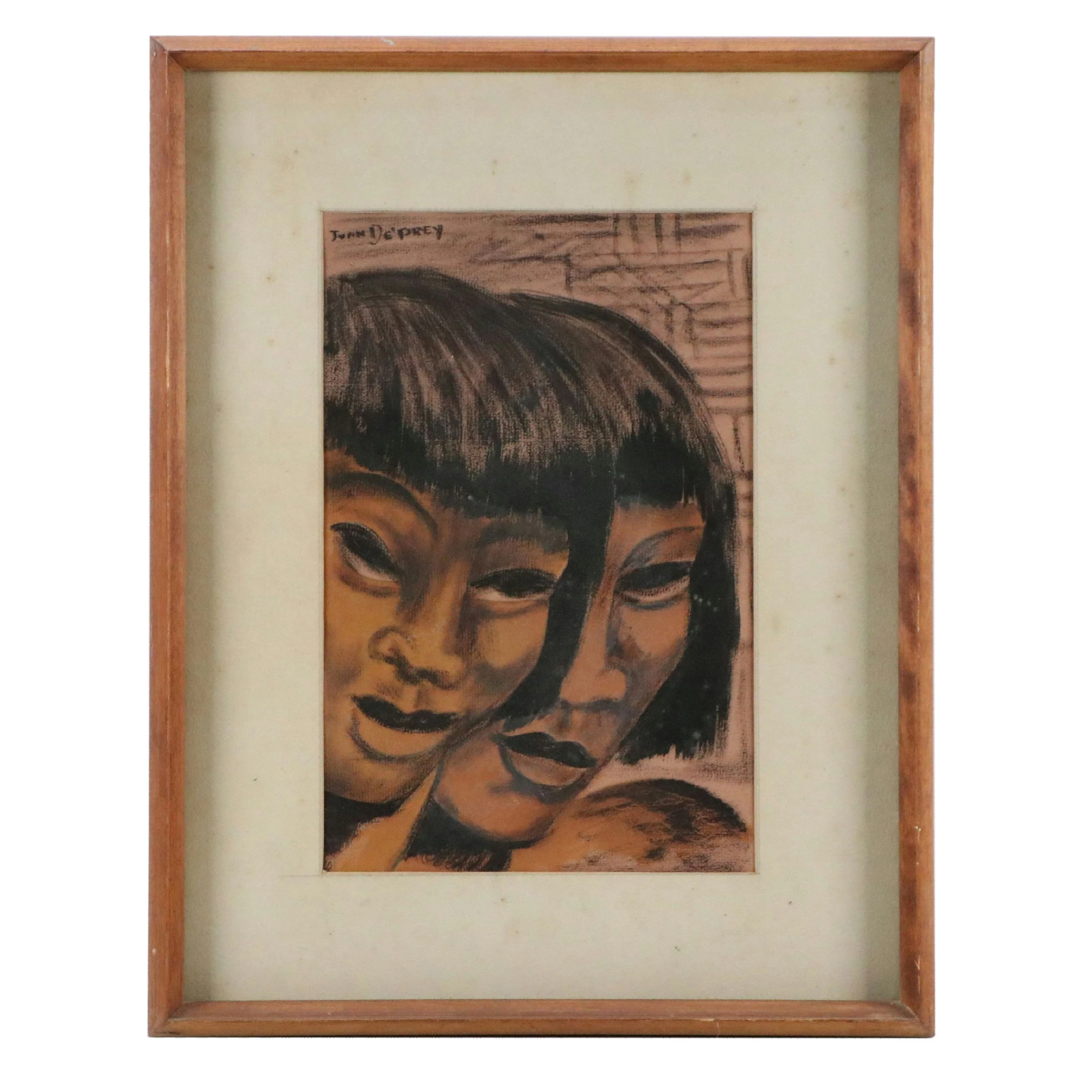Juan De'Prey Surreal Portrait Pastel Drawing of Two Women, Mid-20th Century