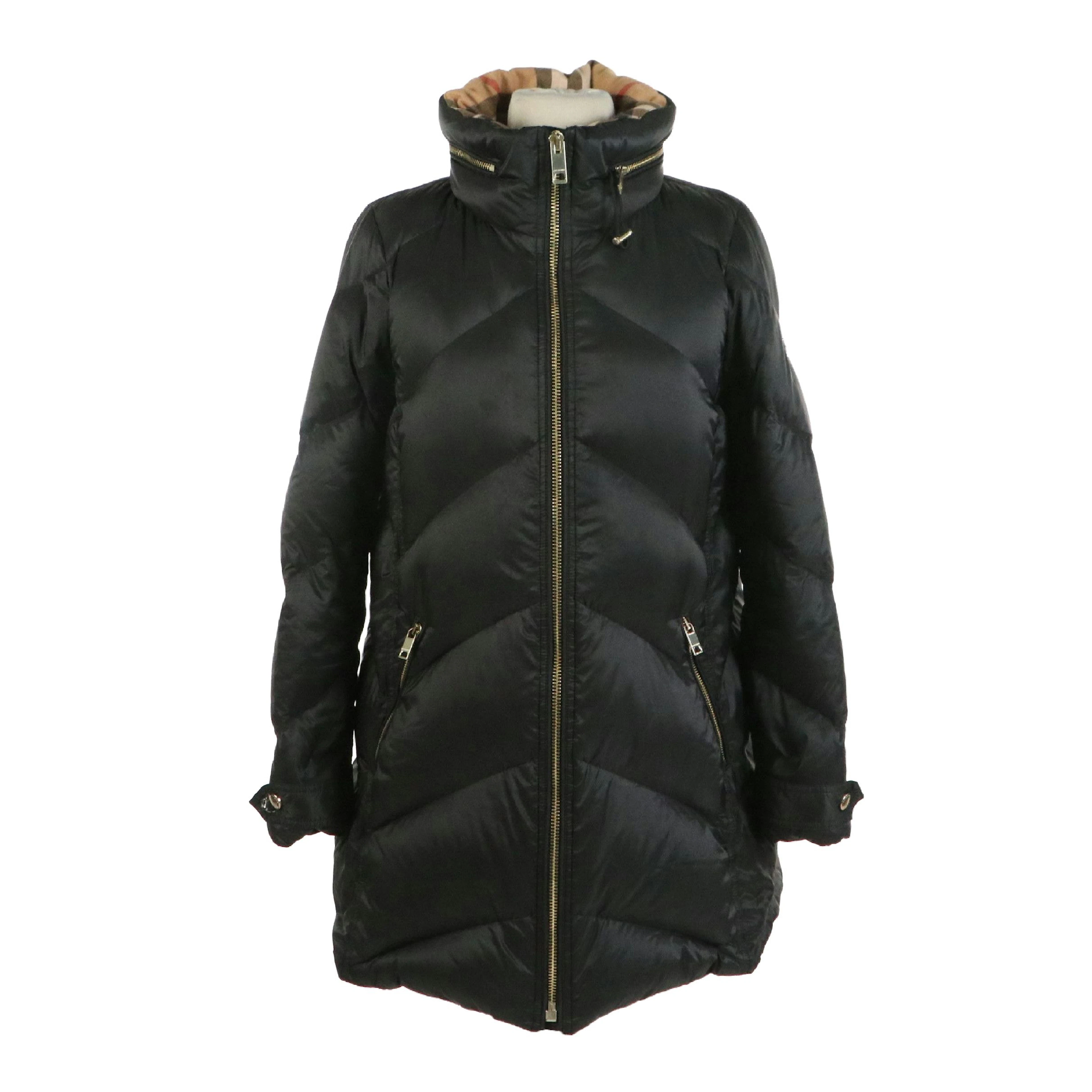 Burberry Brit Eastwick Black Chevron Quilted Down Filled Coat with Check Collar
