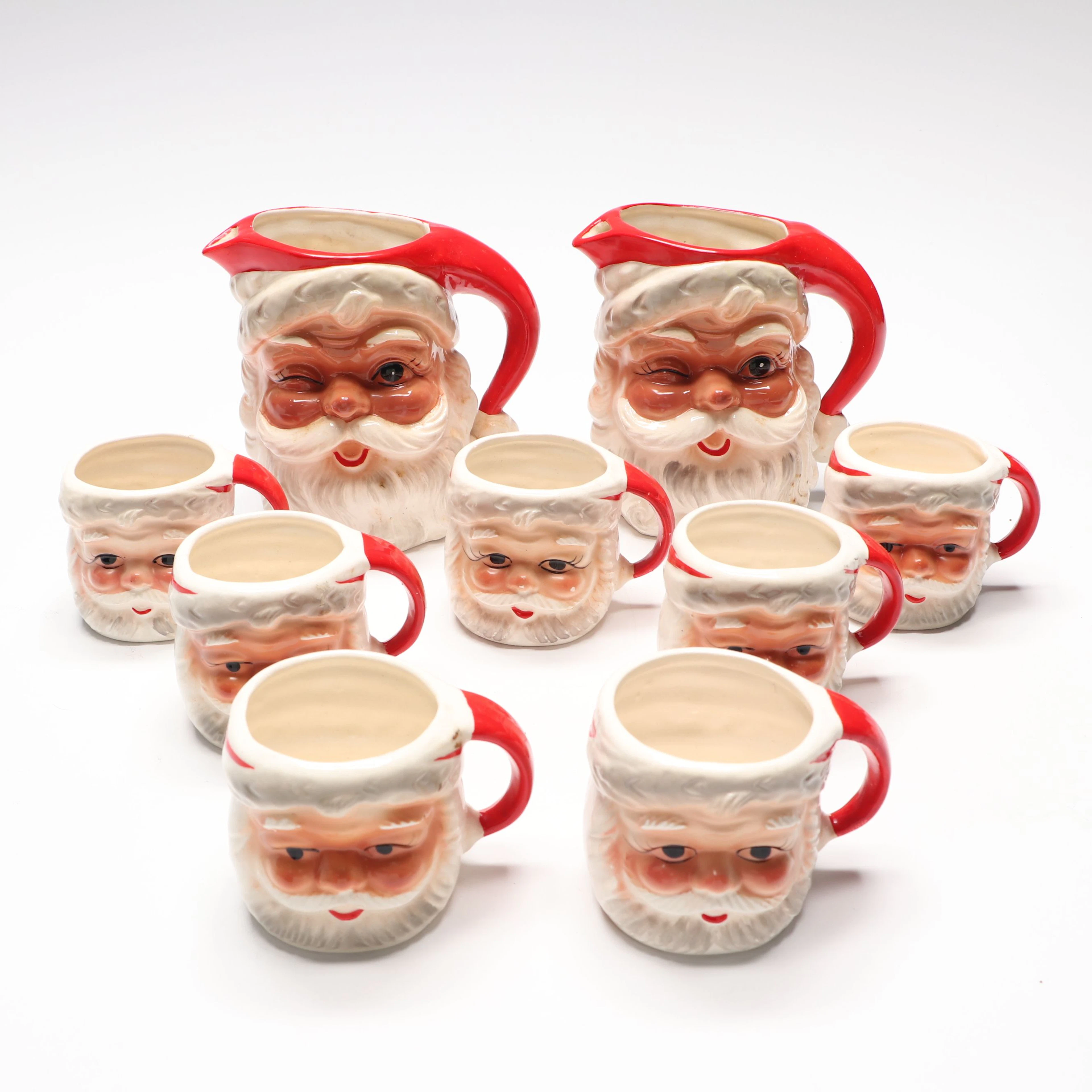 Brinn's Ceramic Santa Claus Head Pitchers with Mugs, Mid-20th Century