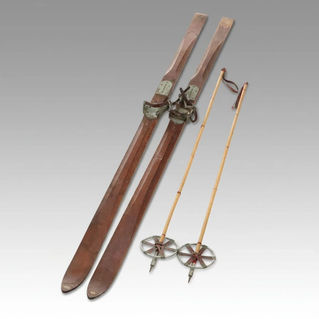 Northland Wooden Skis with Bamboo Basket Ski Poles, Mid-20th Century