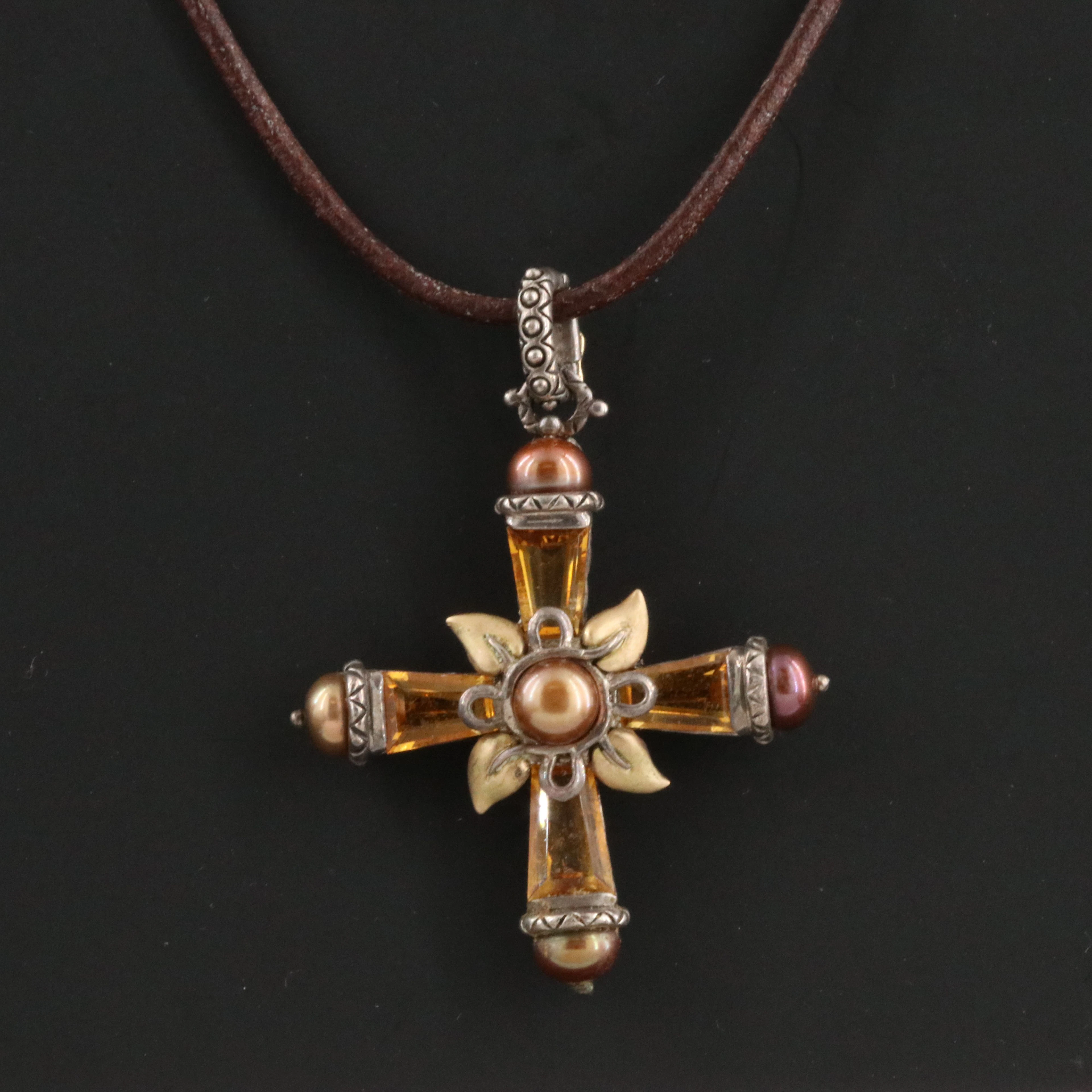Barbara Bixby Sterling, 14K, & 18K Pearl and Citrine Cross Pendant Necklace