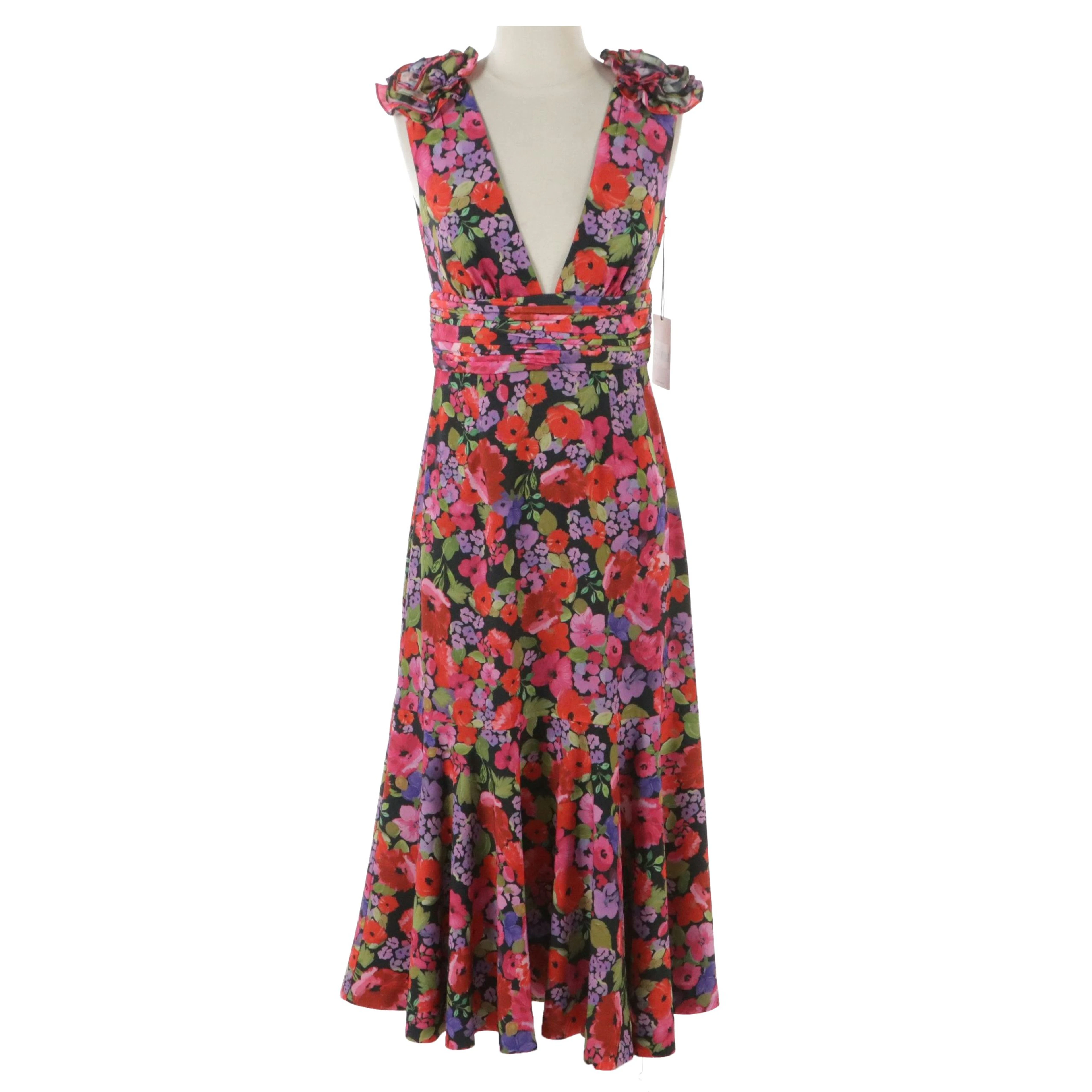 Sorena Vintage Floral Printed and Applique Deep V Maxi Dress, New With Tags