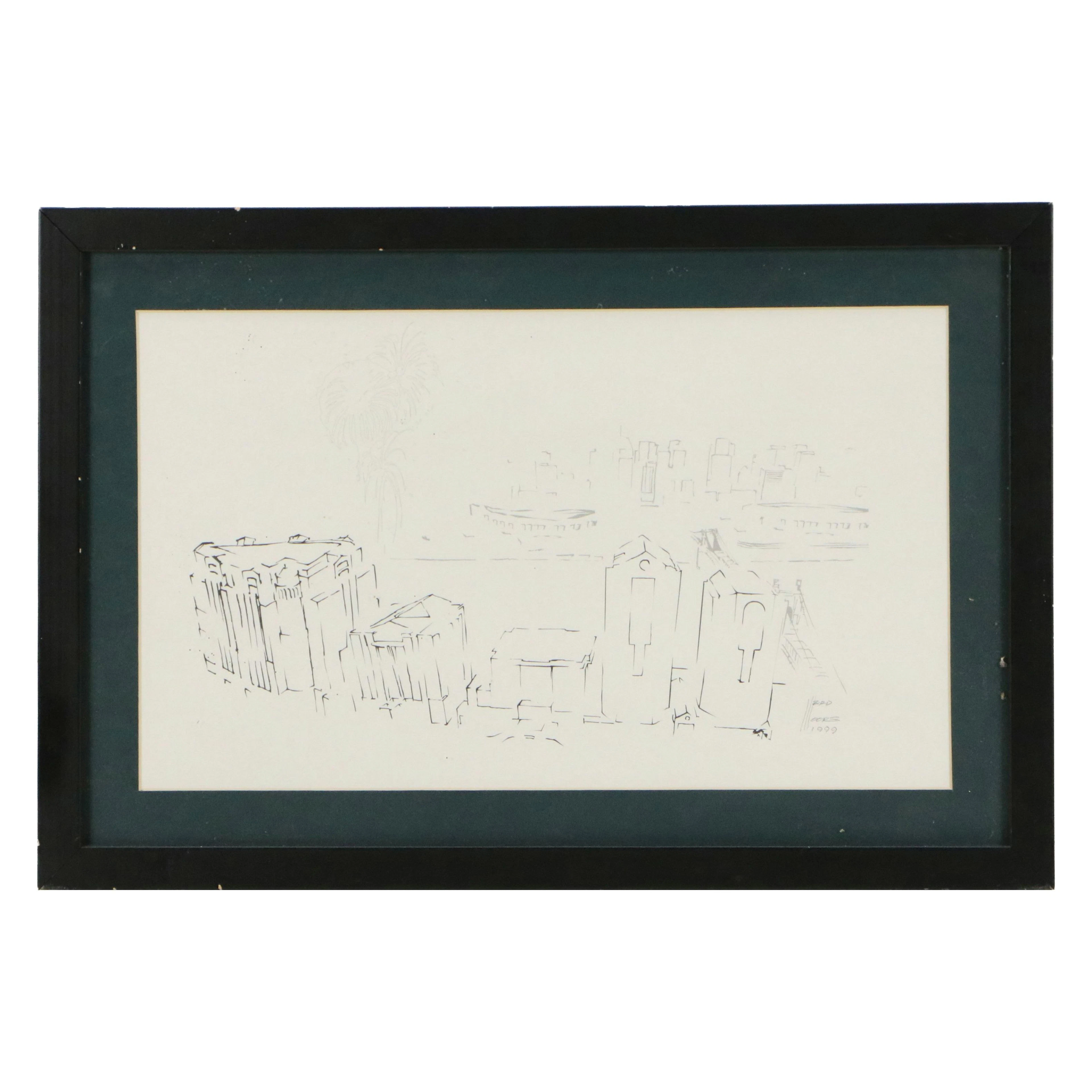 Architectural Bird's-Eye Cityscape Offset Lithograph, 1999