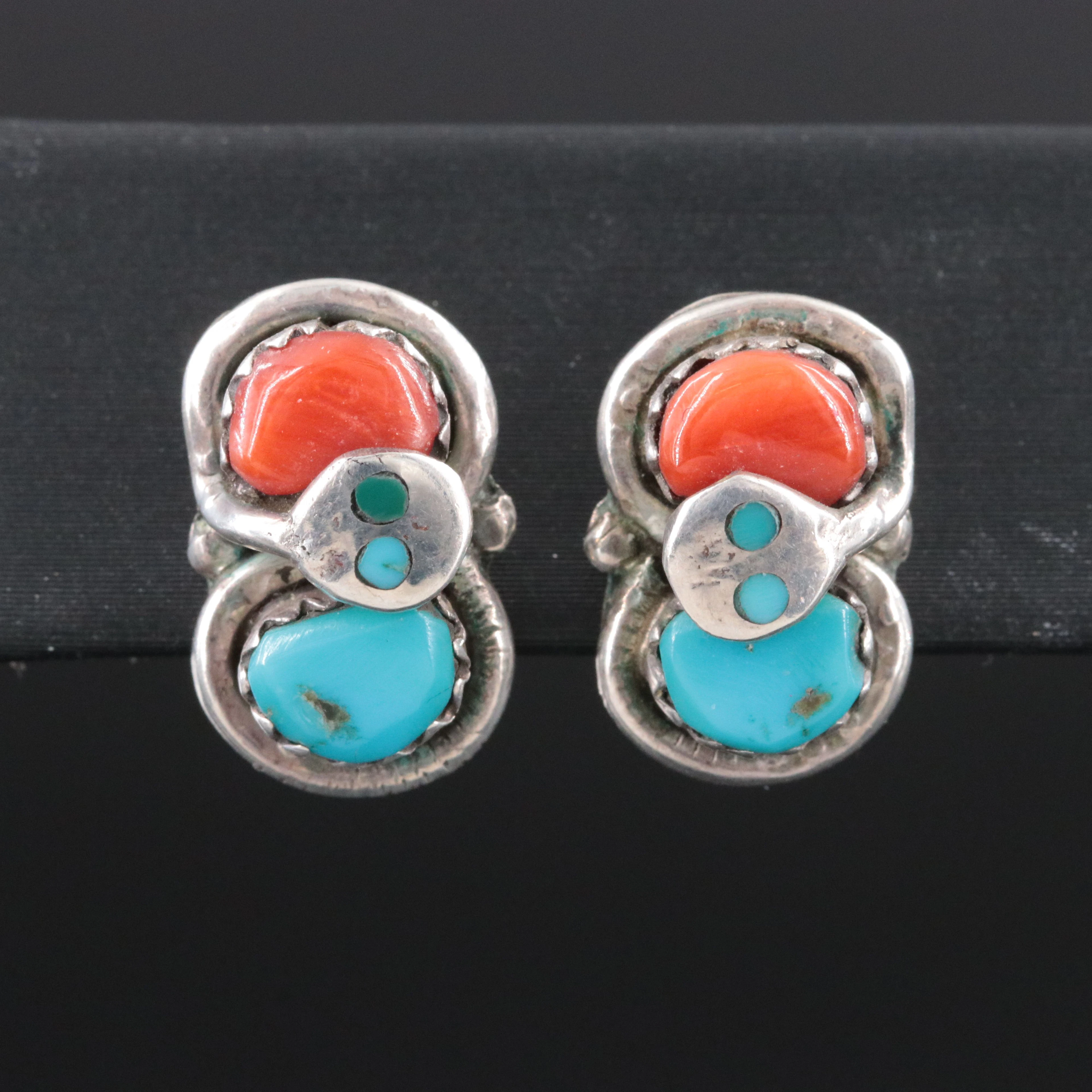 Effie Calavaza Zuni Sterling Coral and Turquoise Snake Earrings