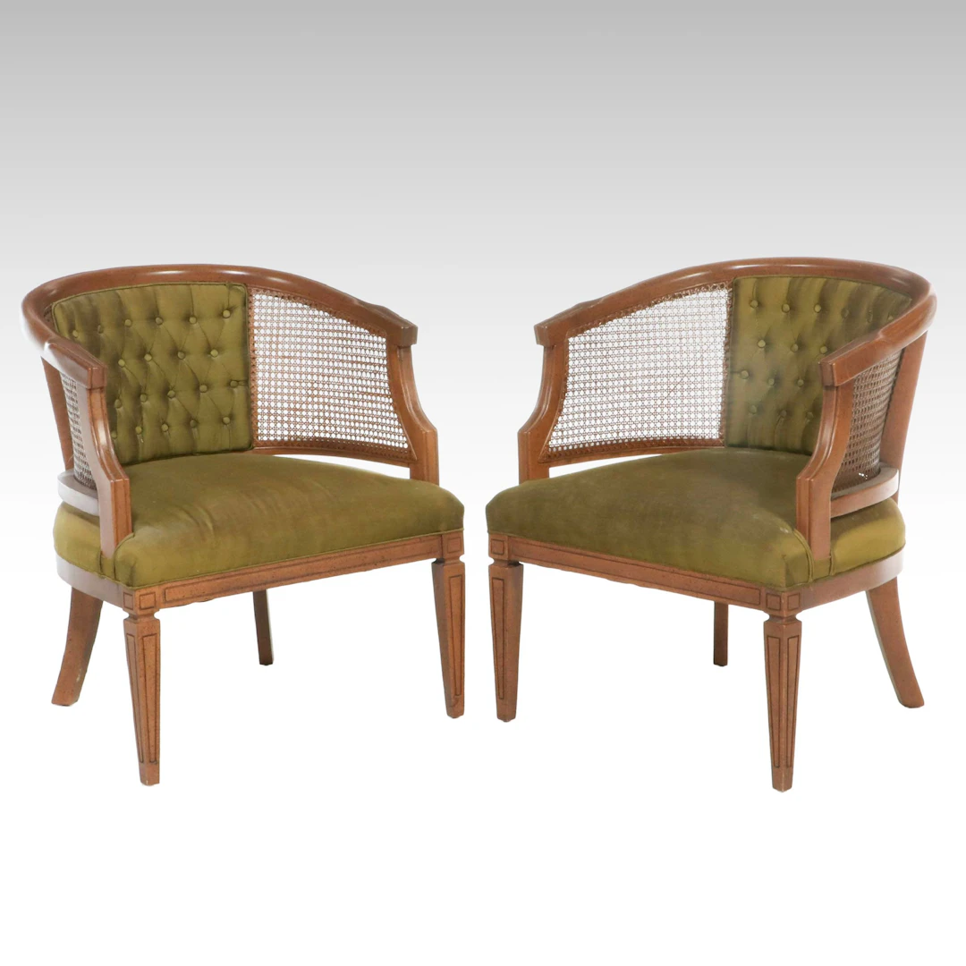 Pair of Mid Century Modern Caned Barrel-Back Armchairs, Mid to Late