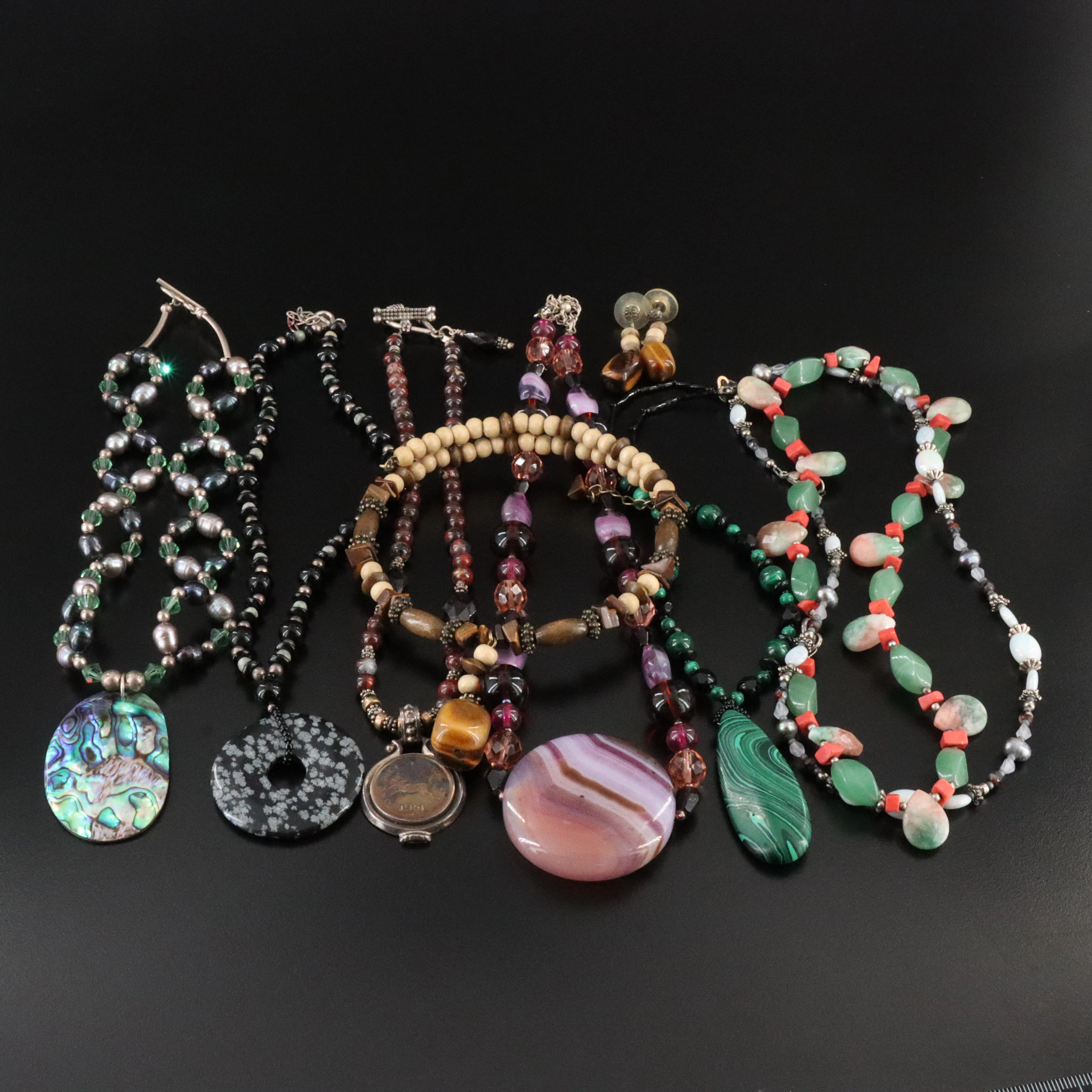 Necklace Collection with Agate, Abalone and Snowflake Obsidian Featuring