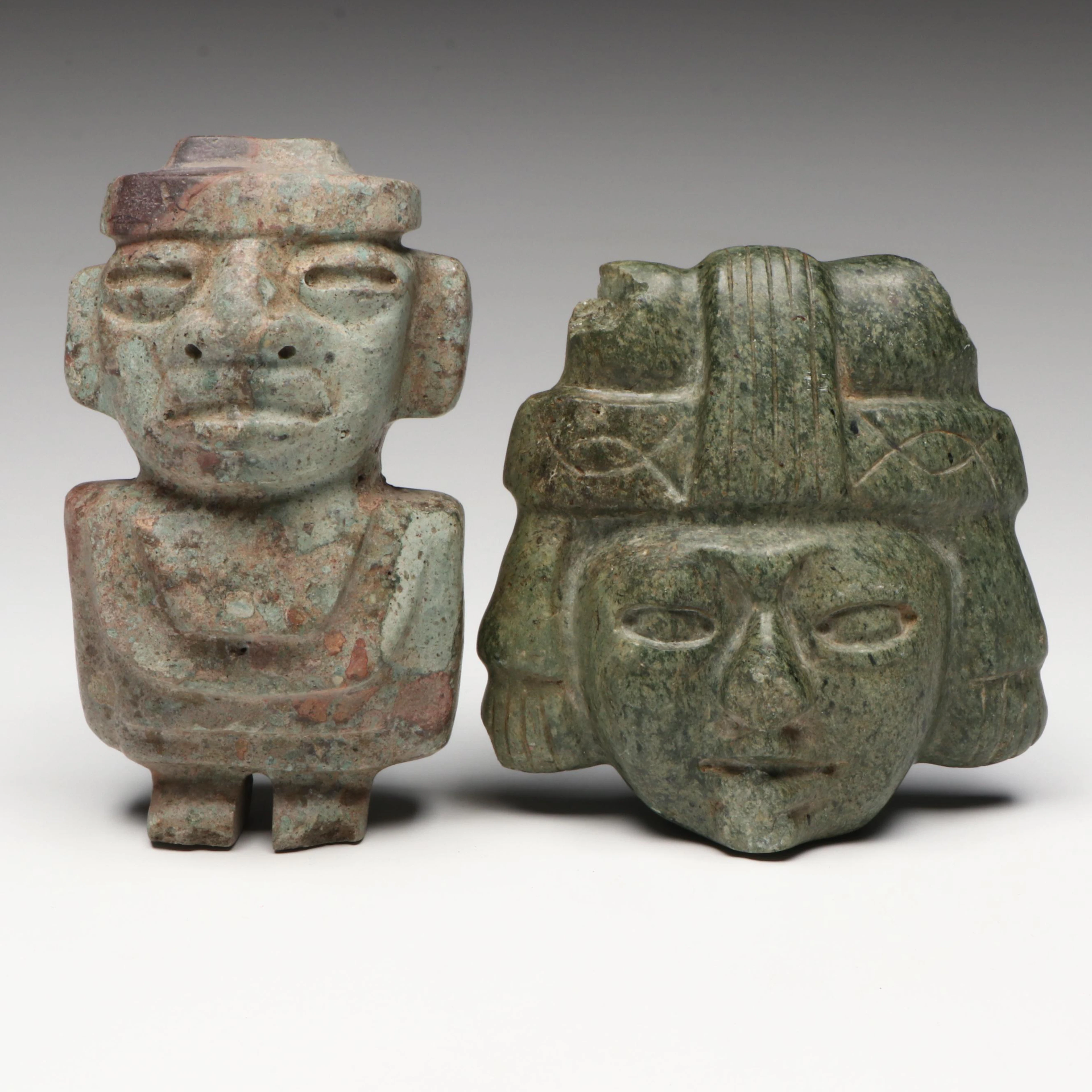 Pre-Columbian Carved Serpentine Teotihuacan Figure and Olmec Head