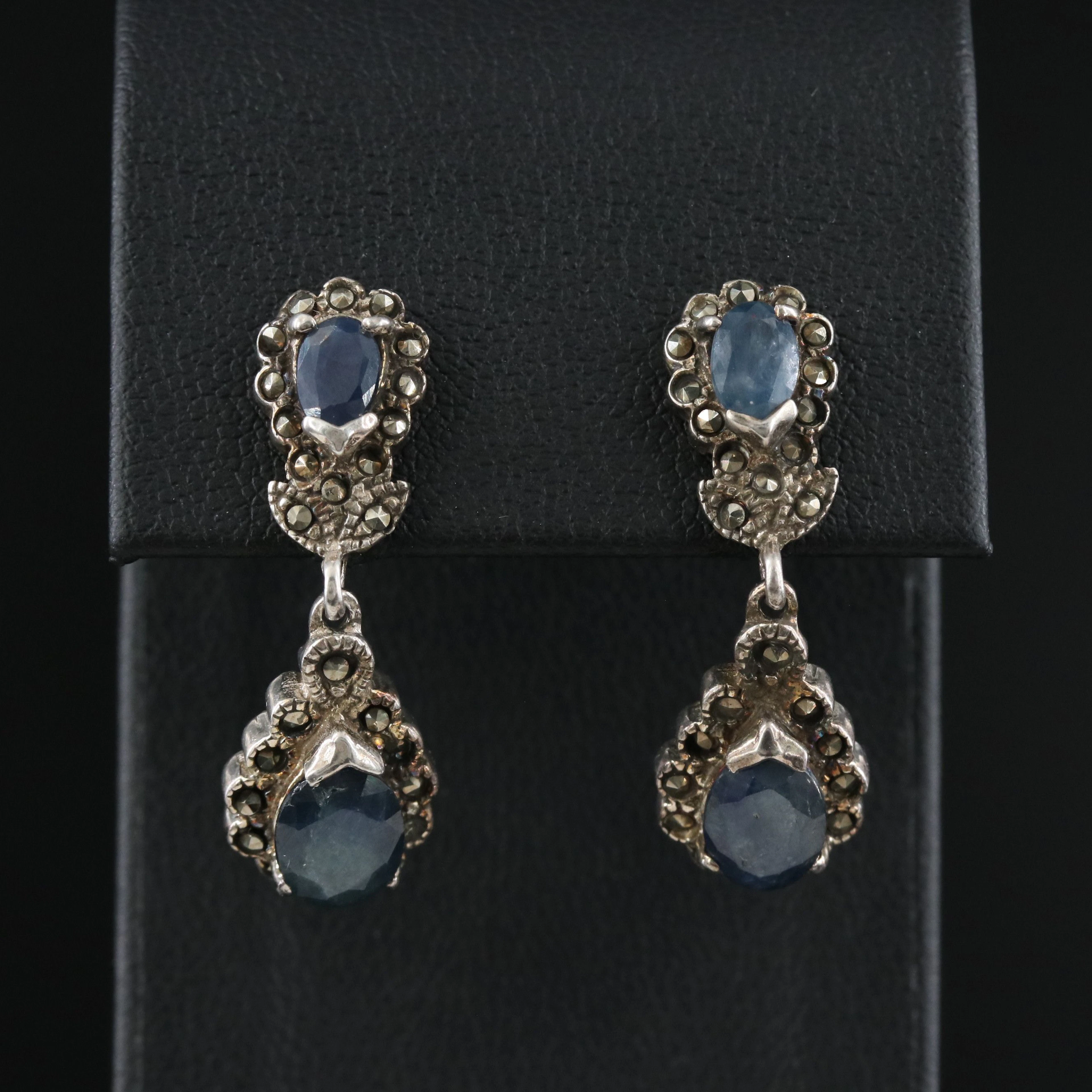 Sterling Sapphire and Marcasite Teardrop Earrings
