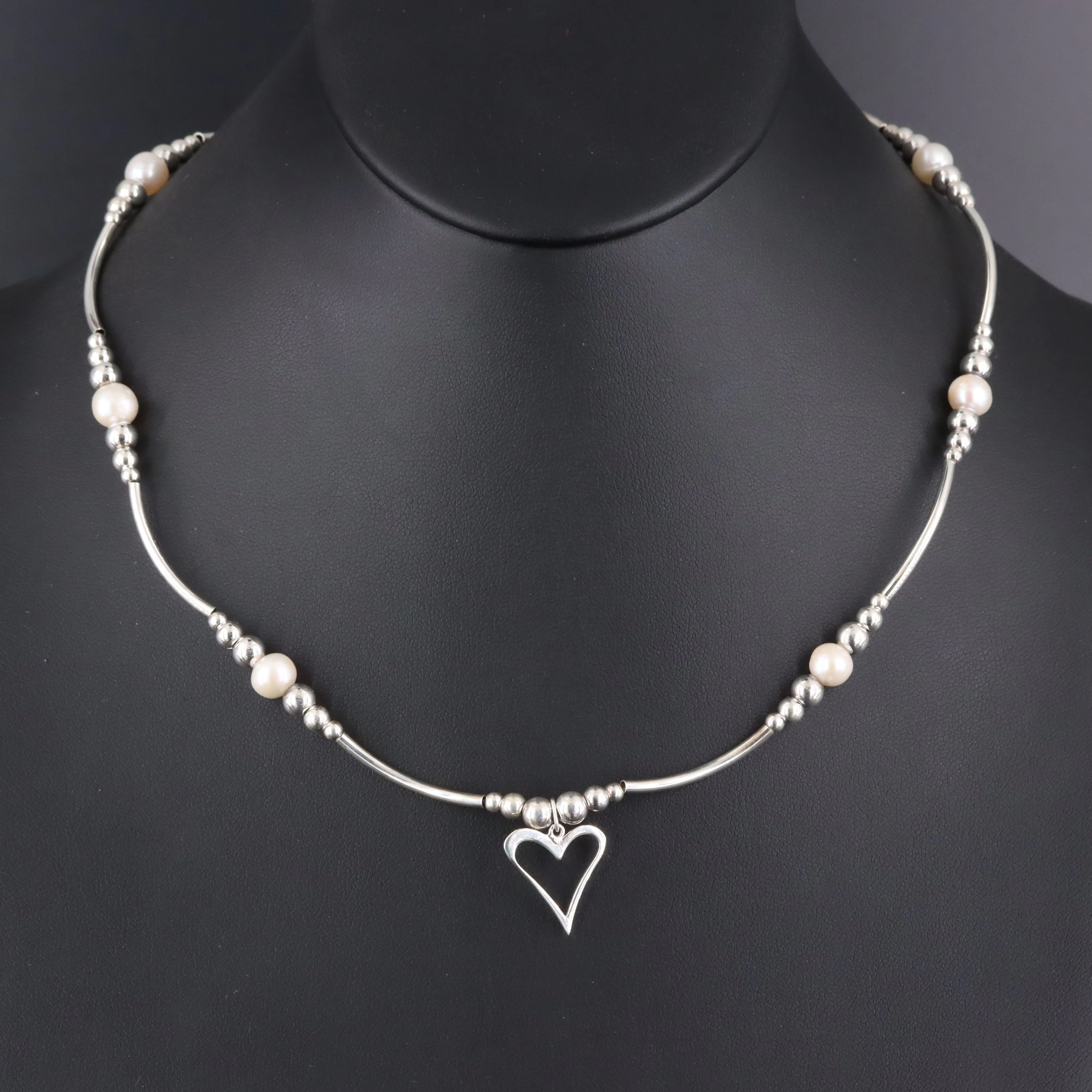Sterling Pearl Station and Heart Necklace