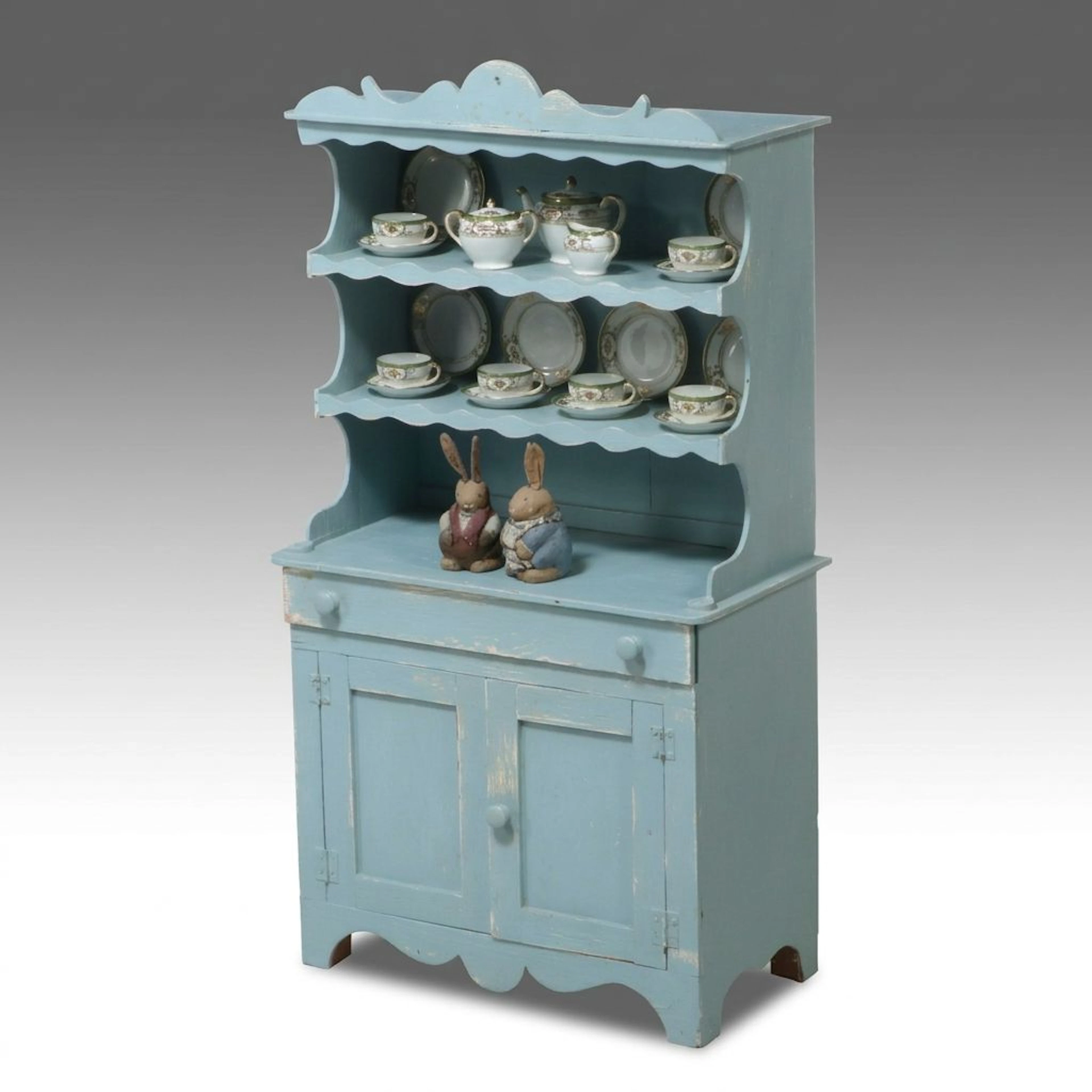 Child's Blue Welsh Style Wooden Hutch with Tableware and Figurines