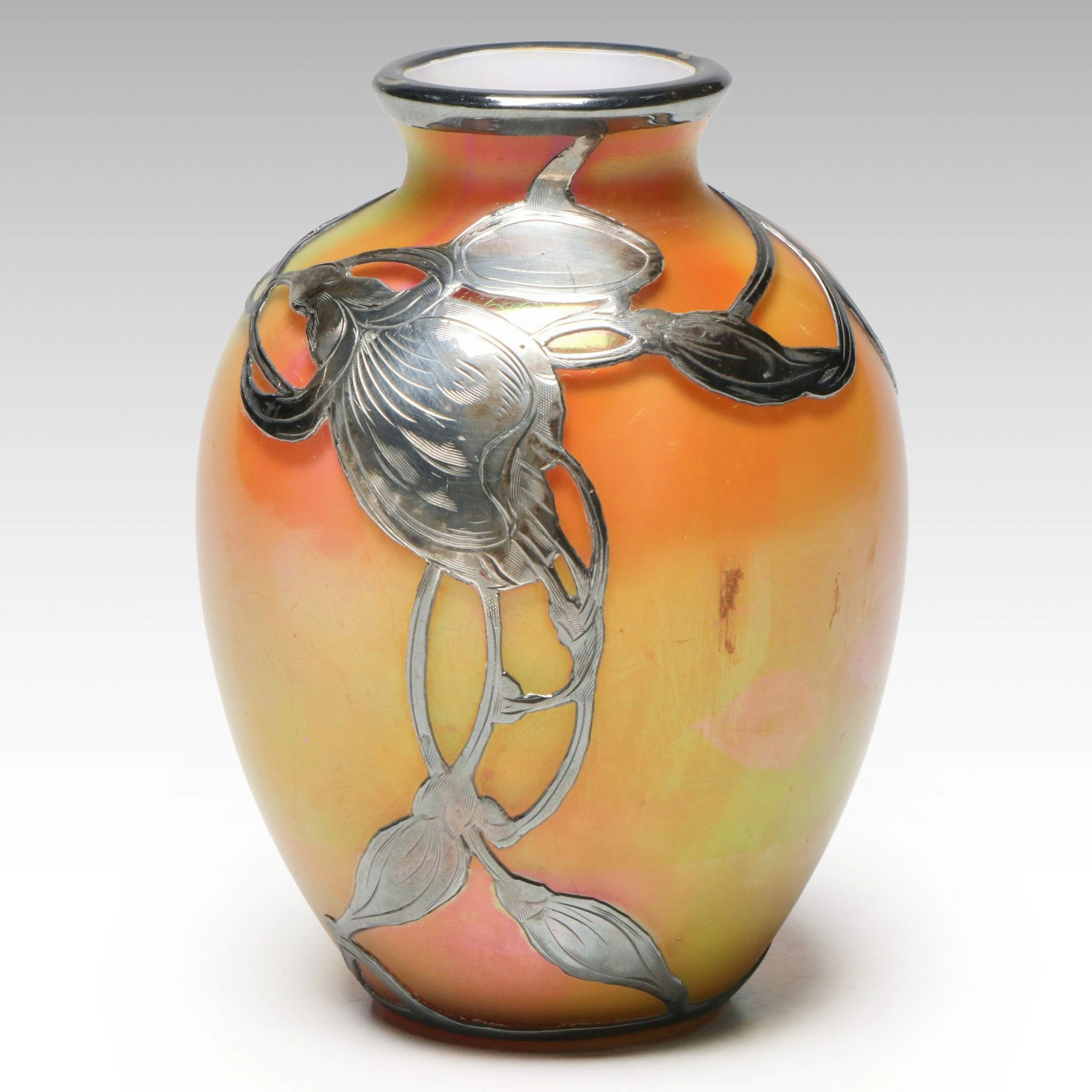 Czech Art Nouveau Iridescent Glass Vase with Sterling Silver Overlay
