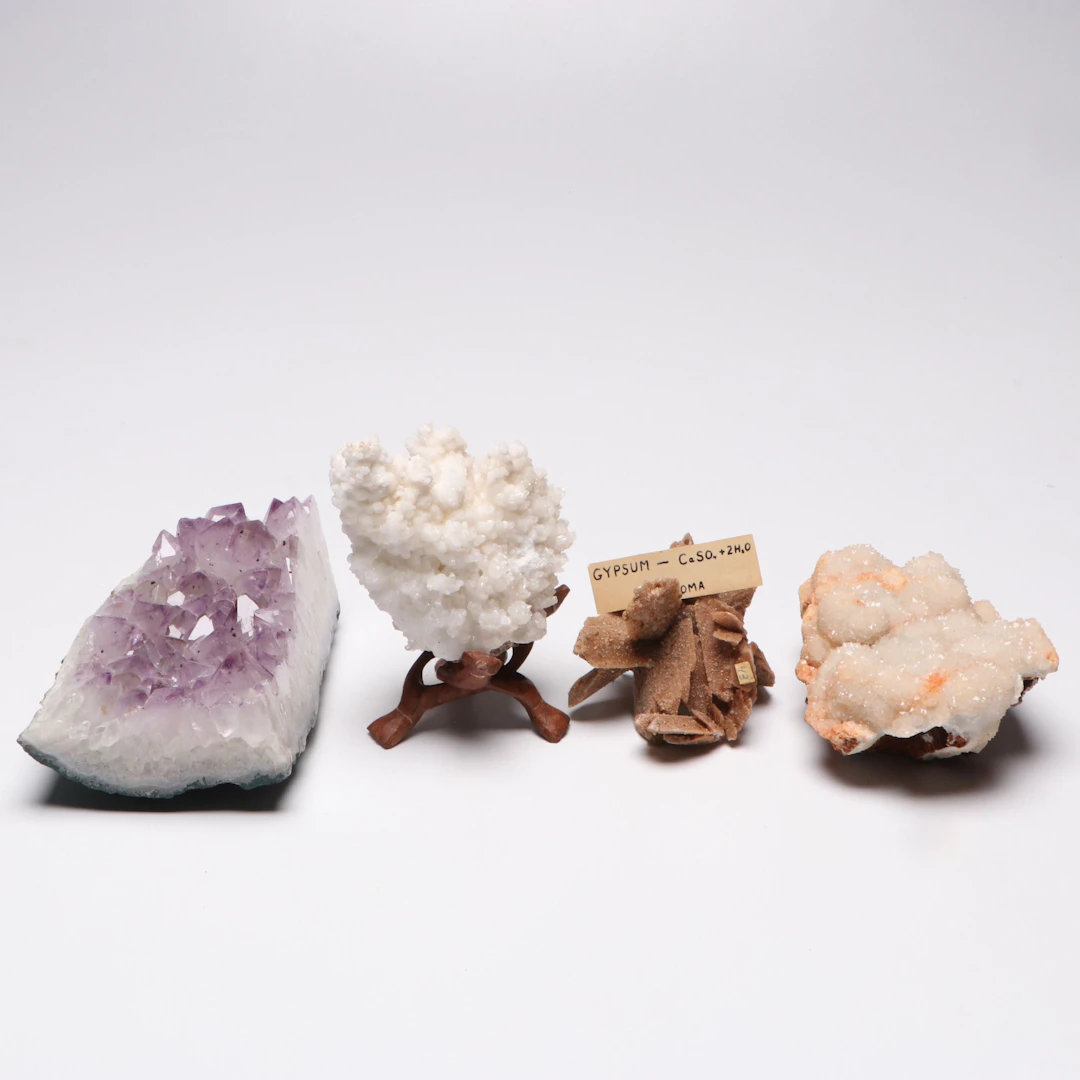 Amethyst, Gypsum, Druzy Quartz and Calcite Specimens