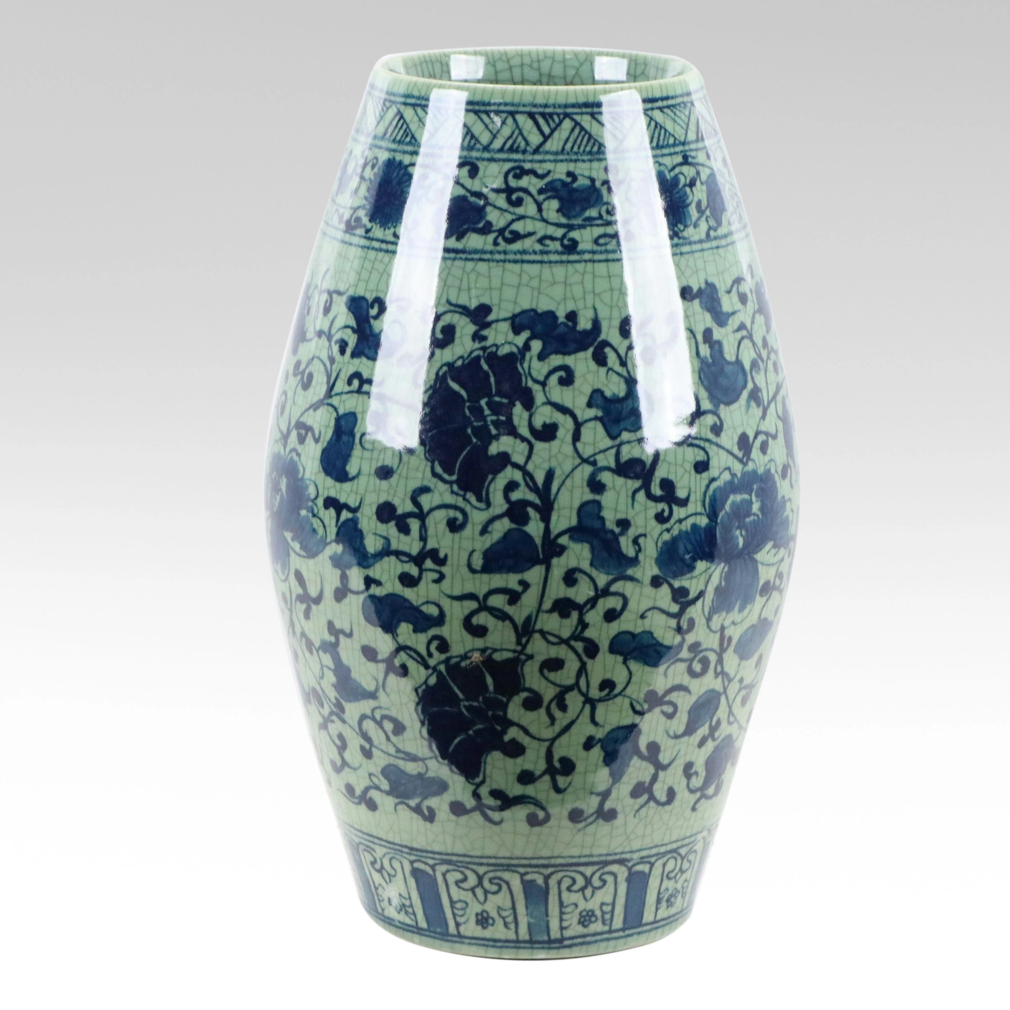 Large Chinese Celadon Crackle Glaze Porcelain Baluster Vase