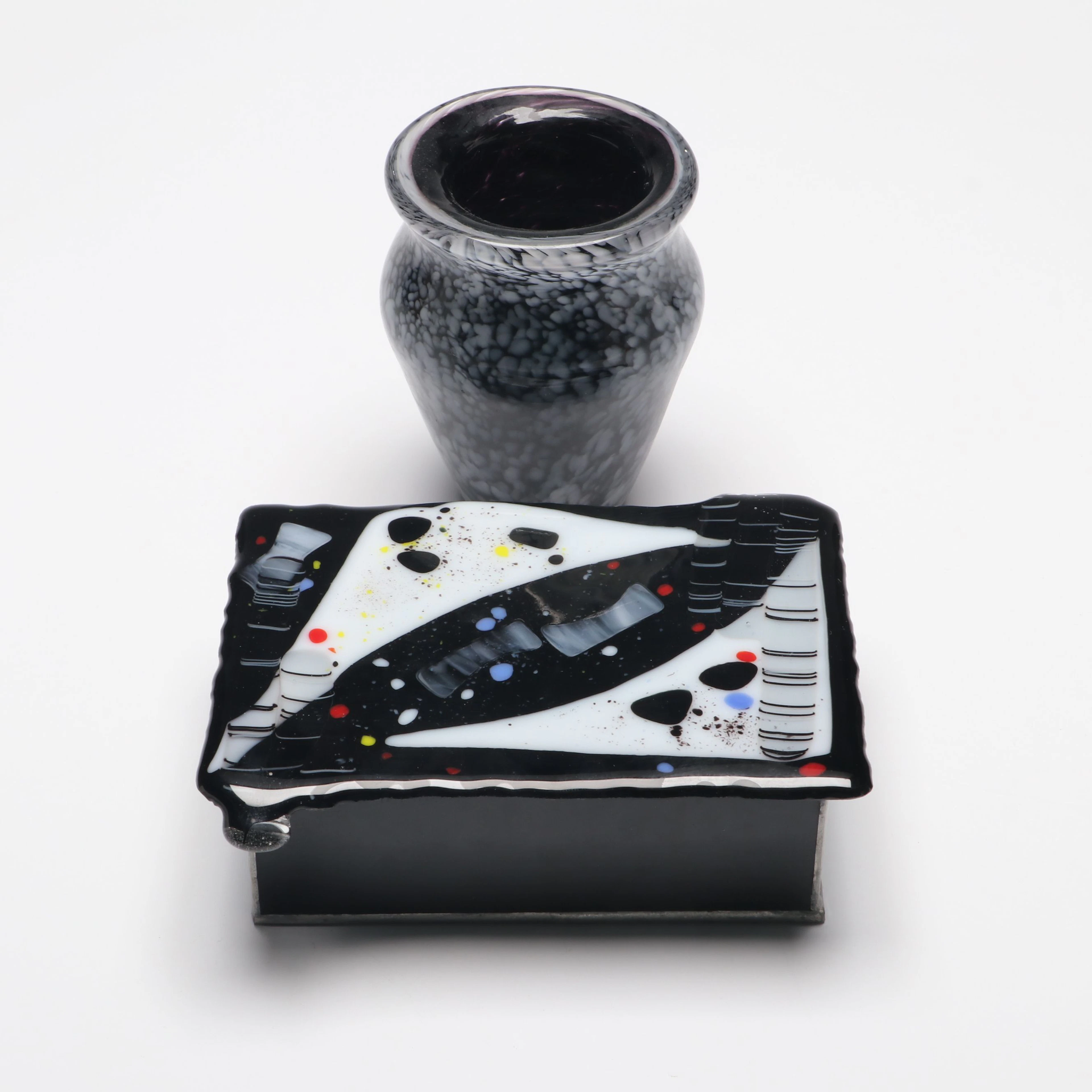Carlene Morrow Fused Slumped Art Glass Box with Speckled Art Glass Vase