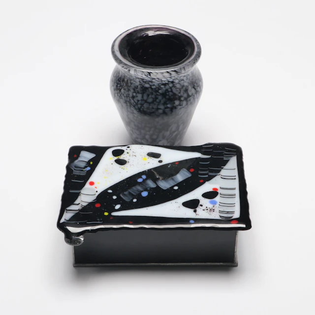 Carlene Morrow Fused Slumped Art Glass Box with Speckled Art Glass Vase