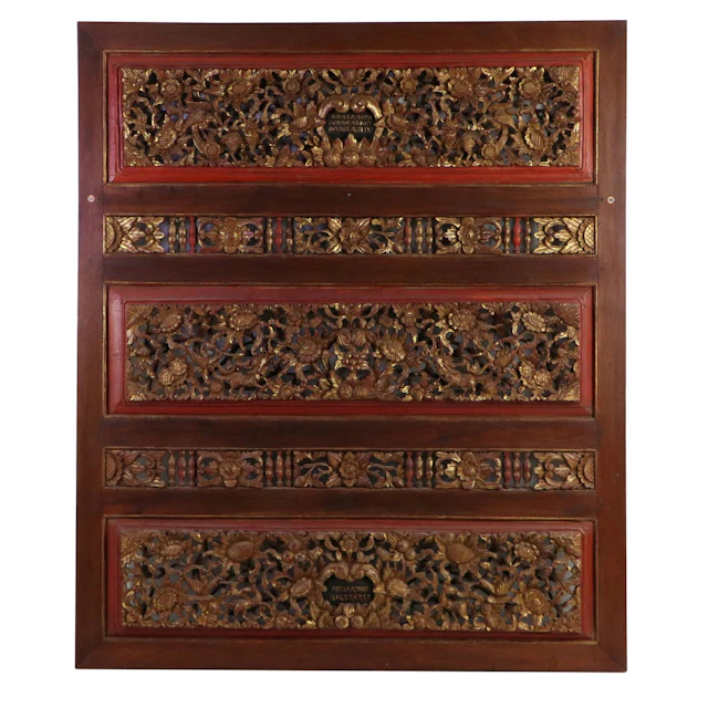 Monumental Indonesian Hand-Carved Gilded Hardwood Room Divider Relief Panel