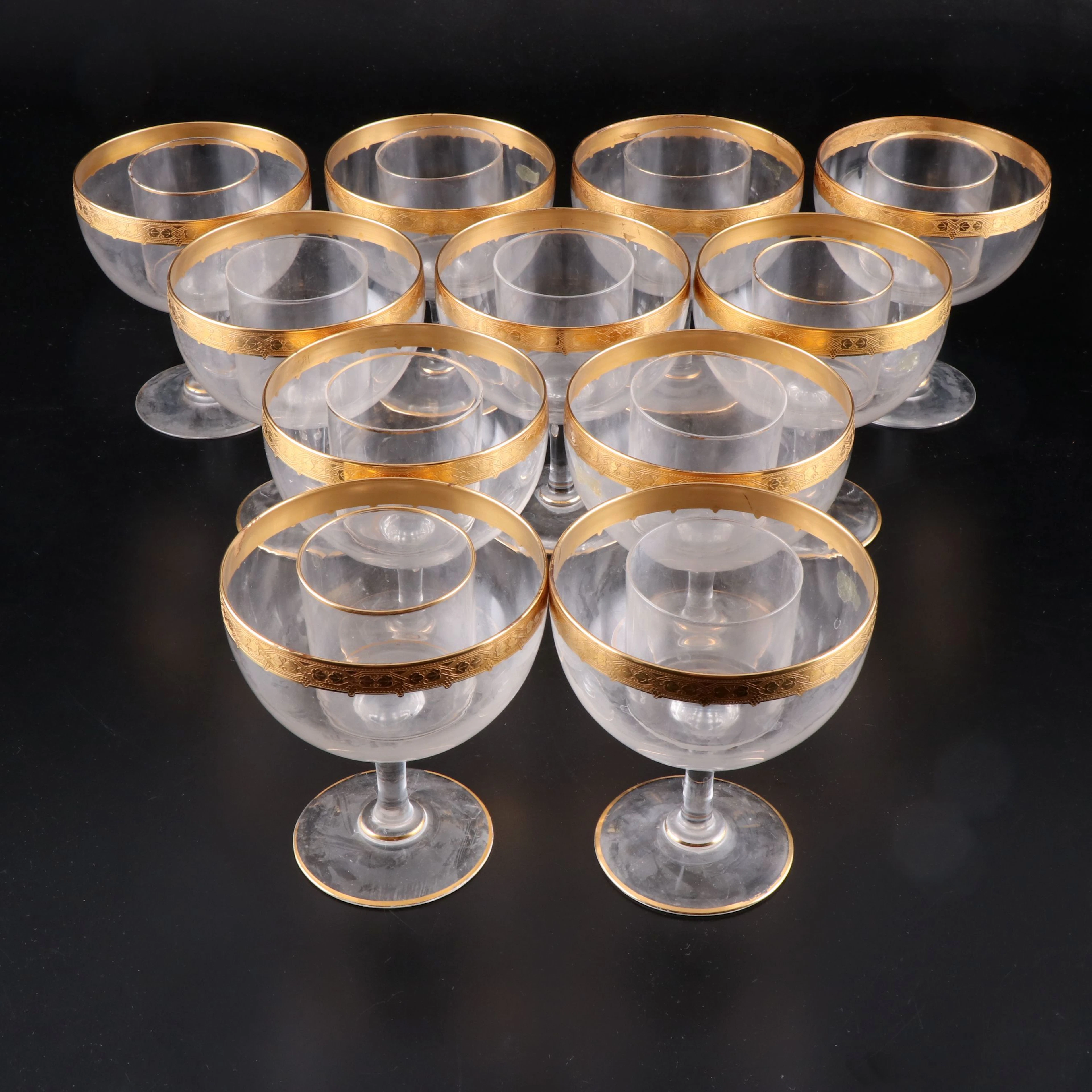 Gold Encrusted Cocktail or Shrimp Glasses with Inserts, Early to Mid-20th C.