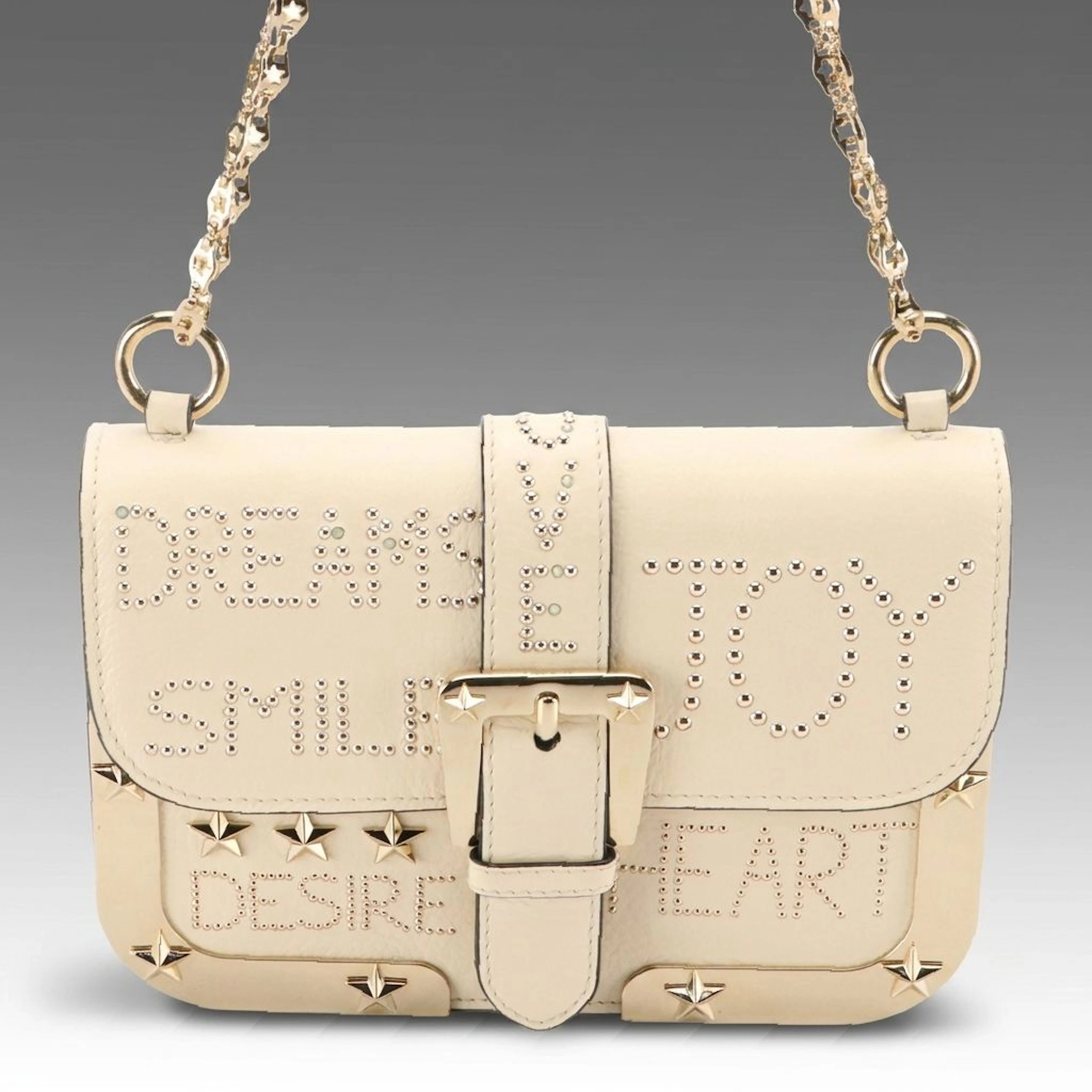 RED Valentino Star/Studded Off-White Grain Leather Buckle Flap Chain Strap Bag