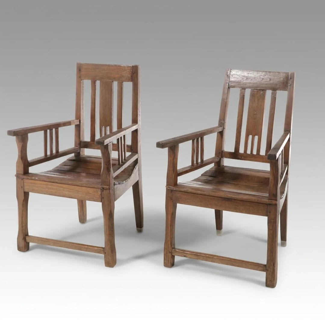 Pair of Wooden Arts & Crafts Style Armchairs, Early 20th Century