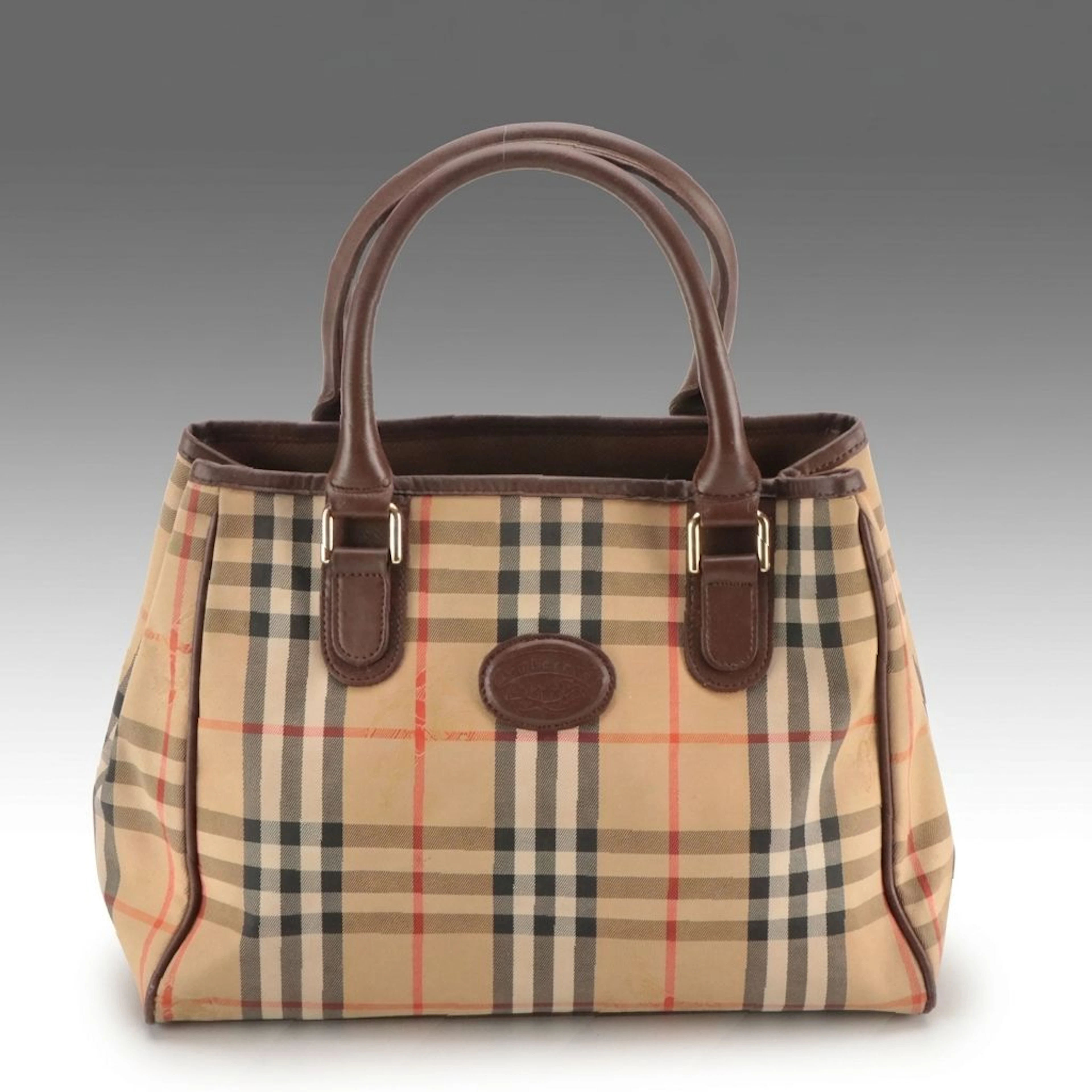 Burberrys Satchel in Haymarket Check Fabric and Leather