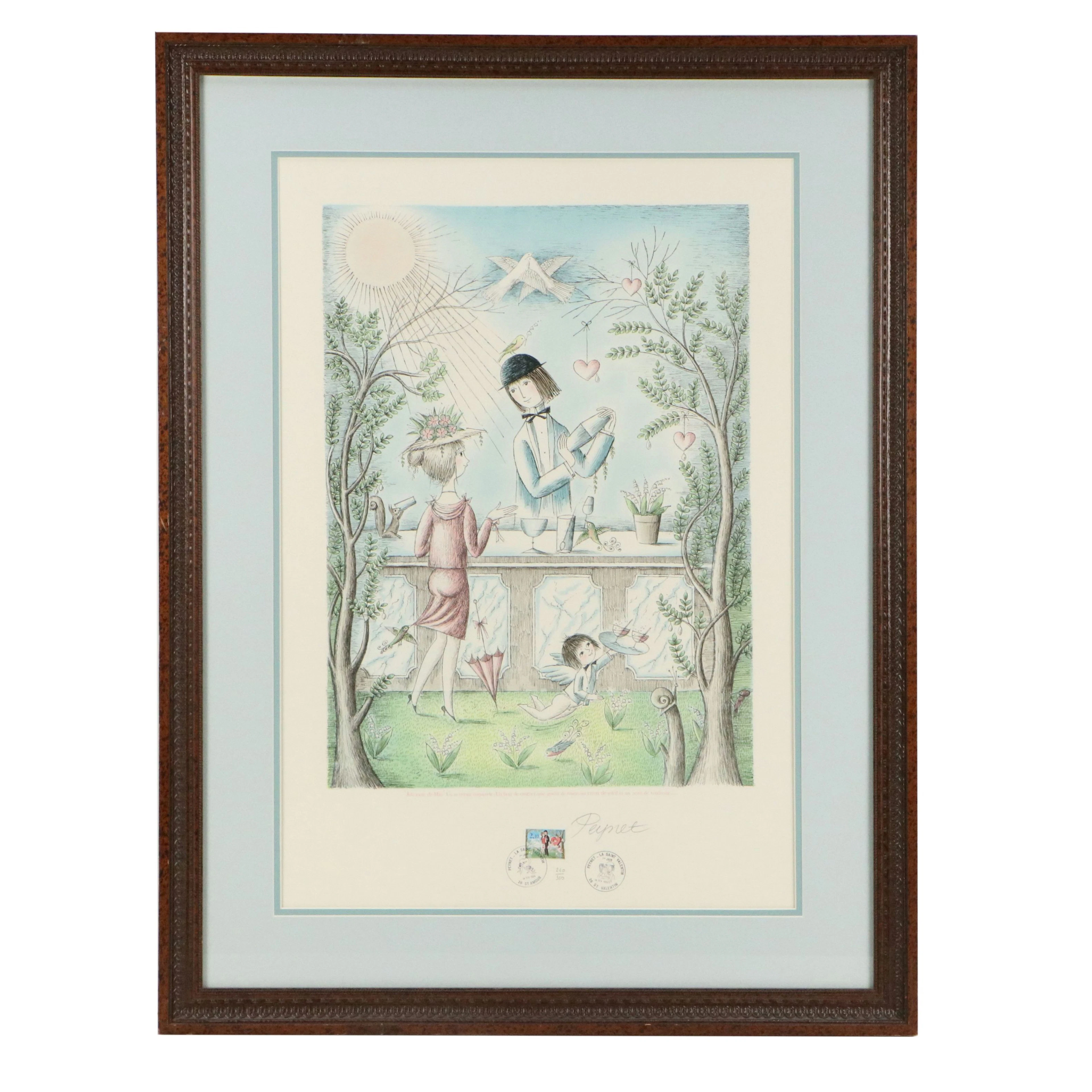 Raymond Peynet French Color Lithograph with Stamp "Joli mois de Mai," 1985