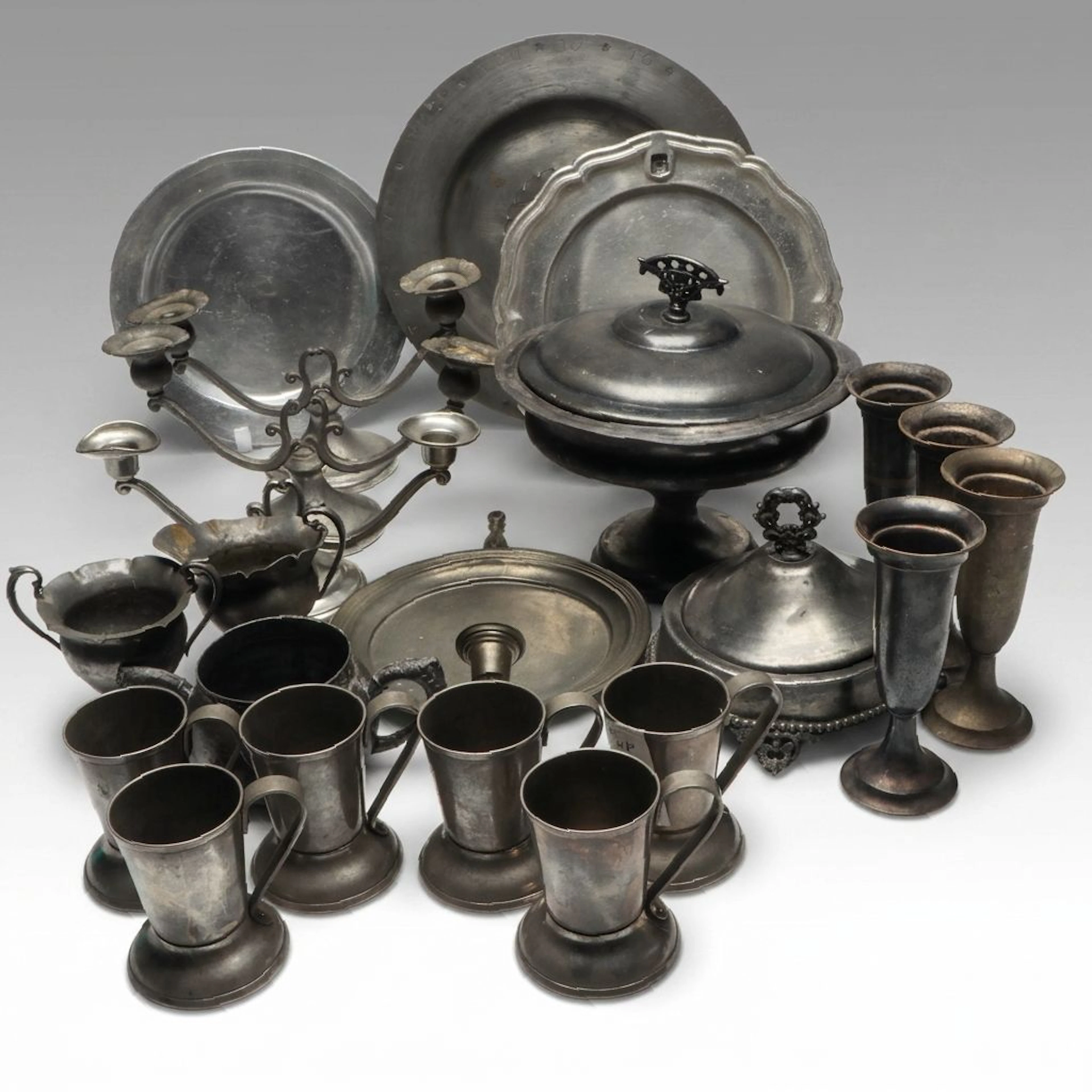Reed & Barton Silver Plate Vases with Pewter and Other Metal Tableware