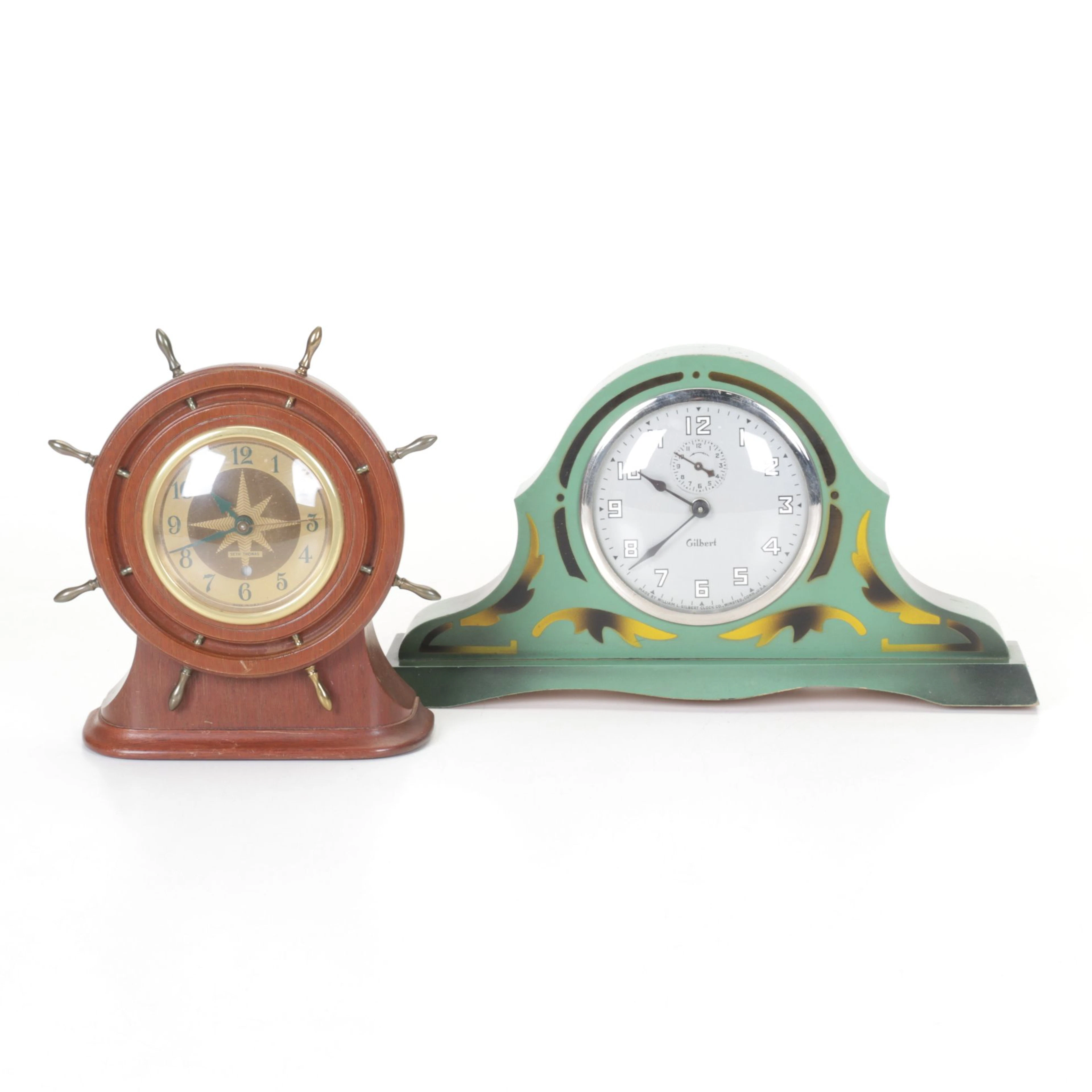 Seth Thomas Nautical Clock and Gilbert Art Deco Green Mantel Clock, 1930-40s