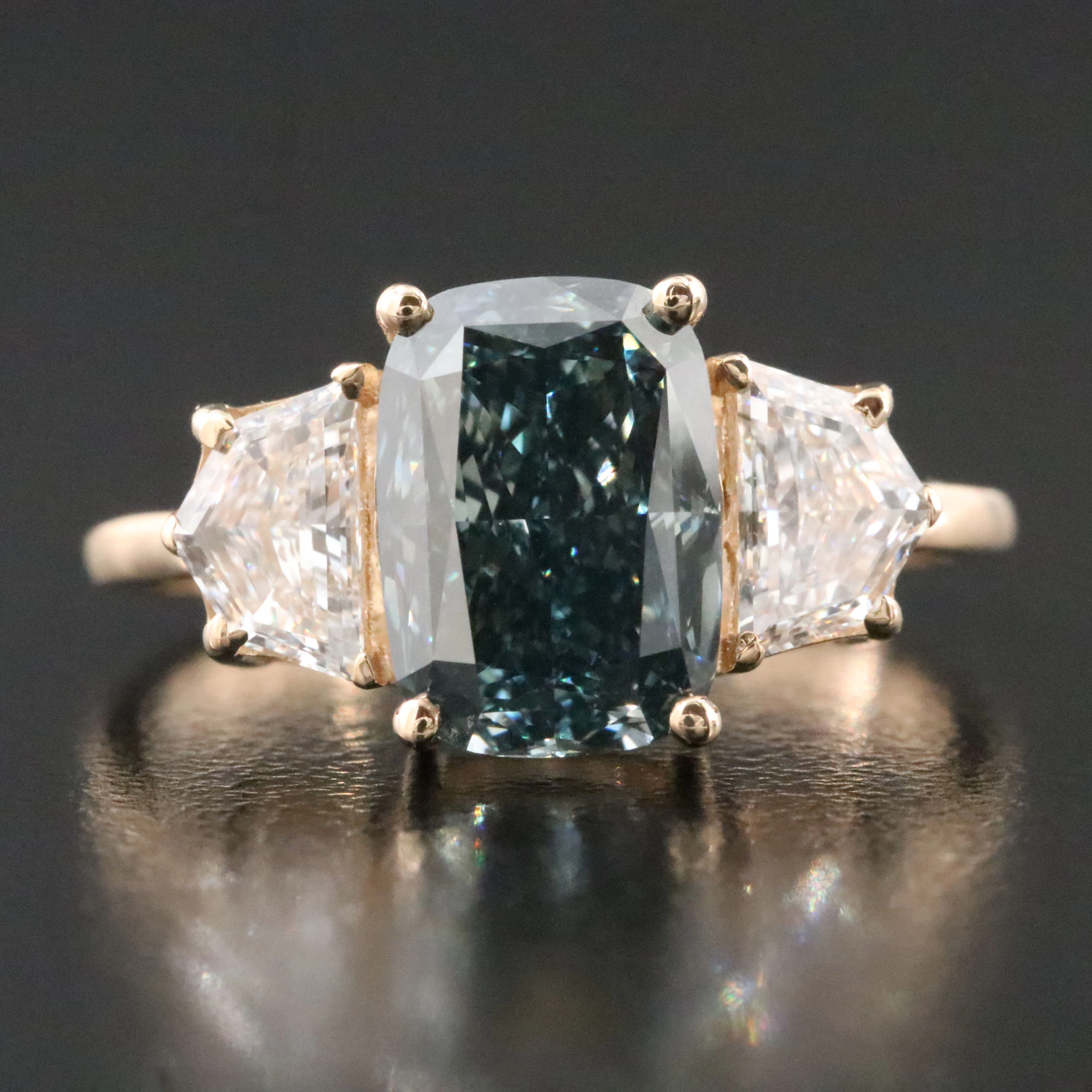 14K 3.48 CTW Lab Grown Diamond Ring with Fancy Intense Blue Center & IGI Report