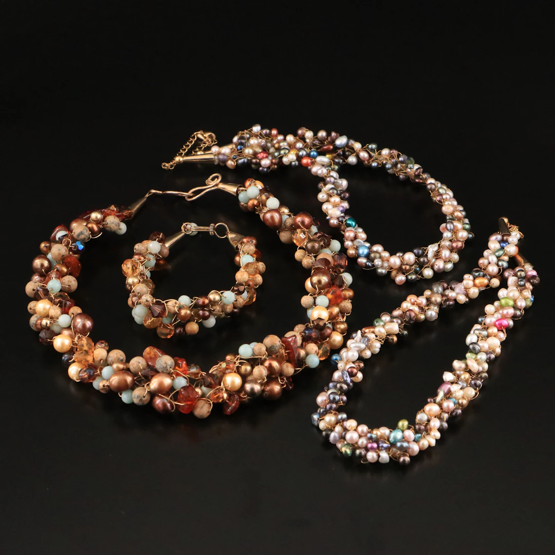 Woven Gemstone Necklaces and Bracelet Featuring Pearl and Jasper