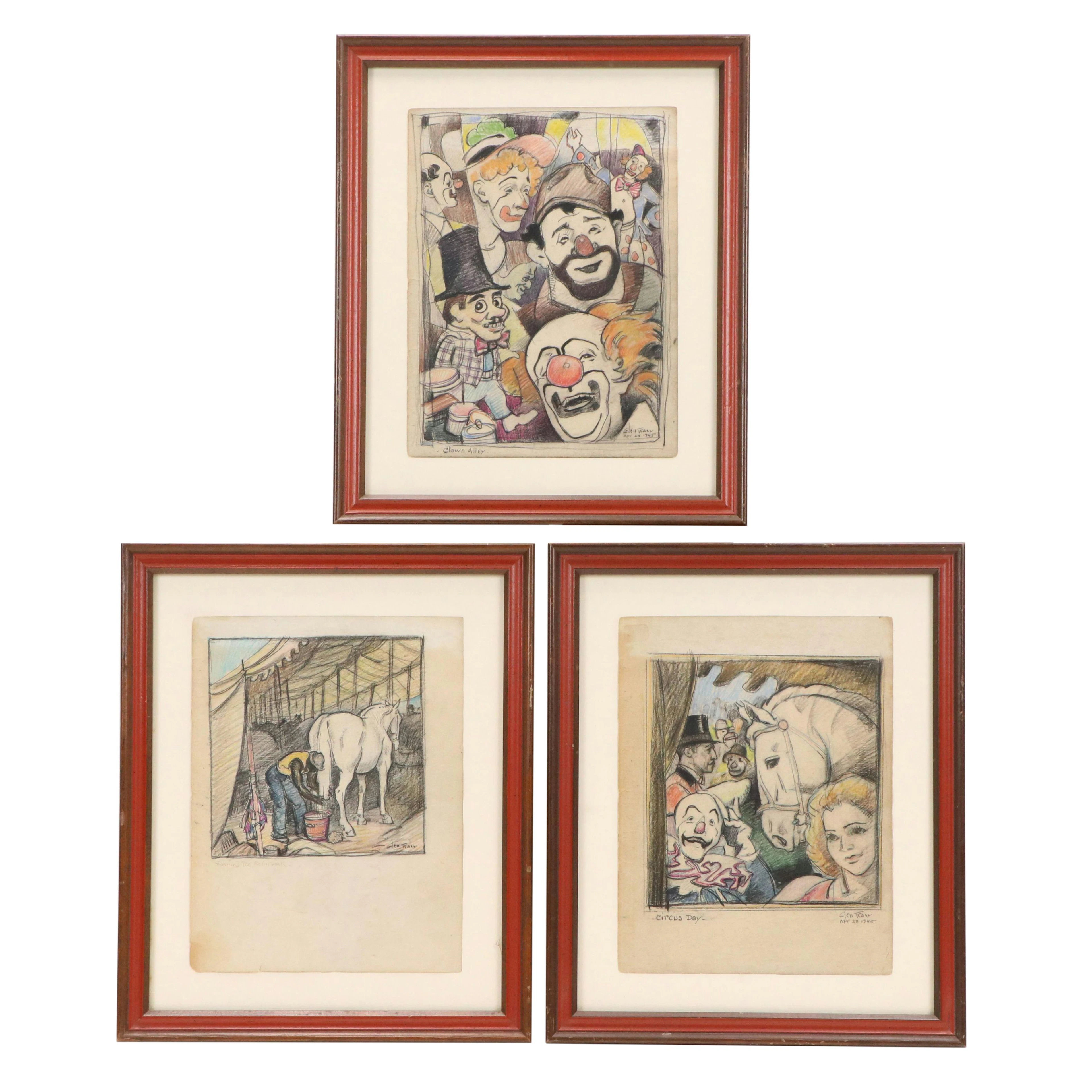 Glen Tracy Colored Pencil Drawings "Circus Day," "Clown Alley," and Other, 1945