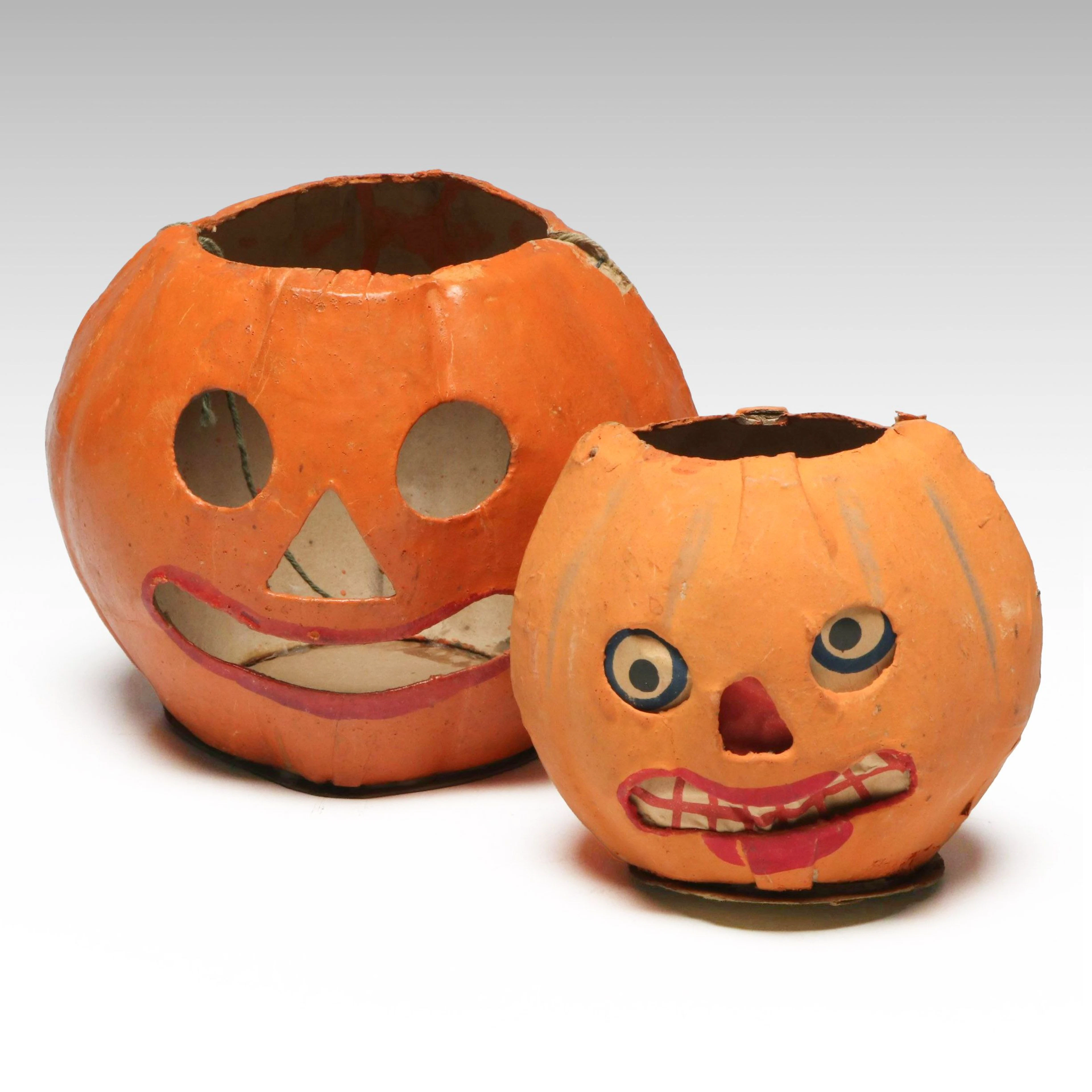 German Halloween Papier-mâché Jack-O'-Lantern Pumpkins, Early to Mid-20th C.